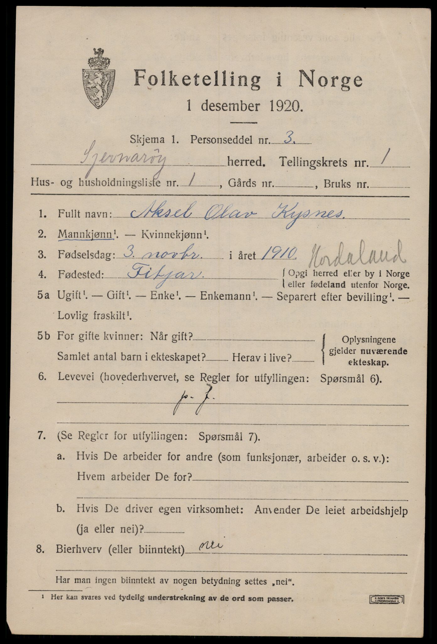 SAST, 1920 census for Sjernarøy, 1920, p. 408