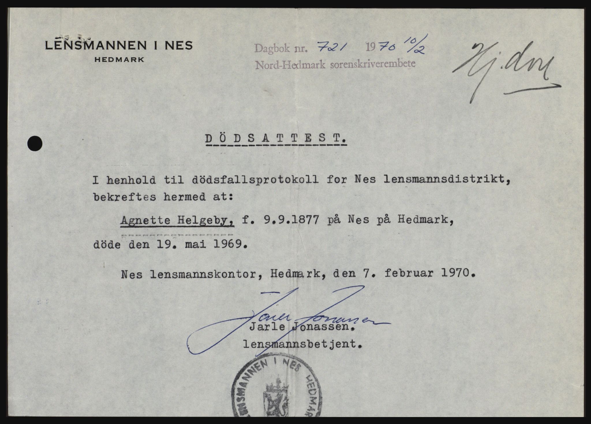 Nord-Hedmark sorenskriveri, SAH/TING-012/H/Hc/L0033: Mortgage book no. 33, 1970-1970, Diary no: : 721/1970