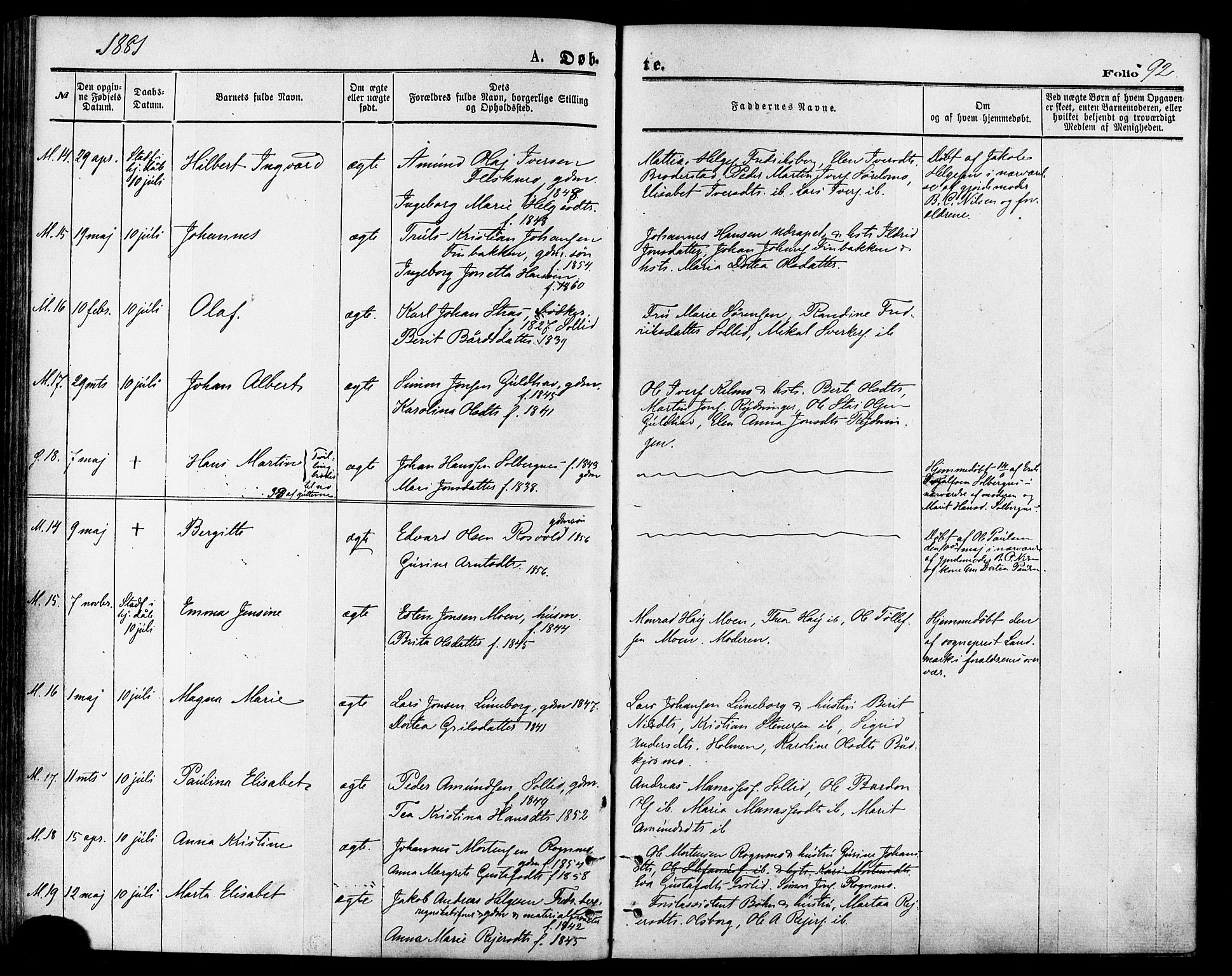 Målselv sokneprestembete, AV/SATØ-S-1311/G/Ga/Gaa/L0005kirke: Parish register (official) no. 5, 1872-1884, p. 92