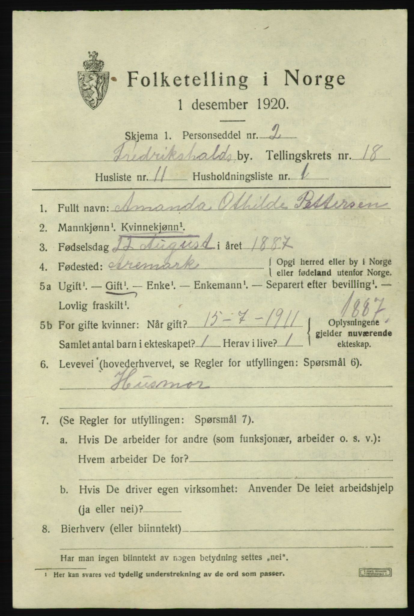 SAO, 1920 census for Fredrikshald, 1920, p. 27329