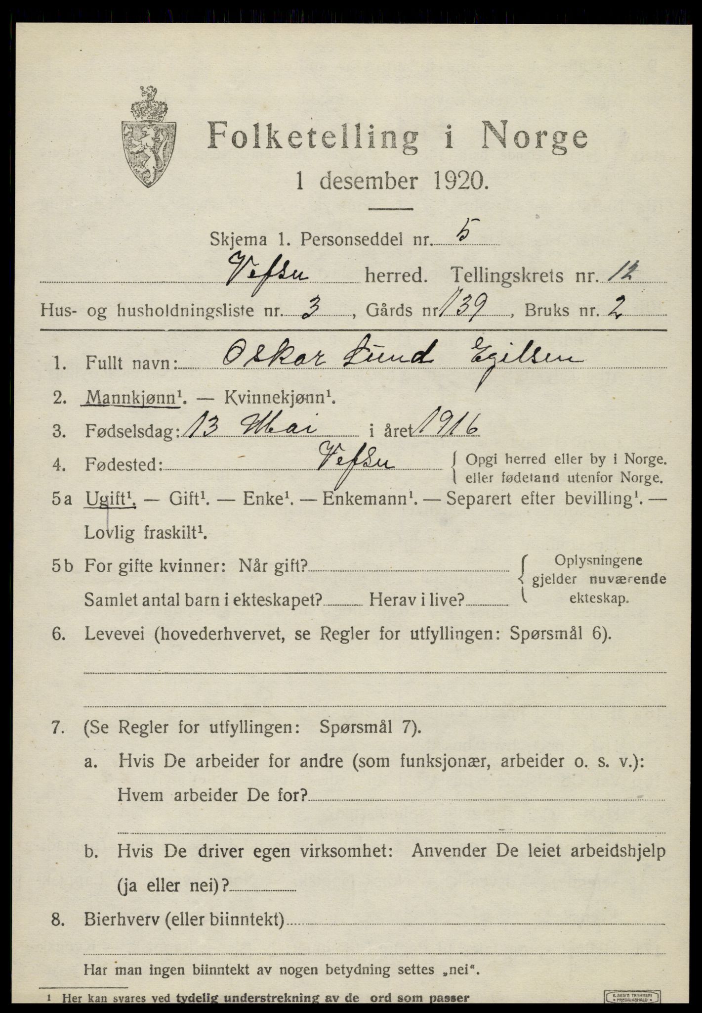 SAT, 1920 census for Vefsn, 1920, p. 9485