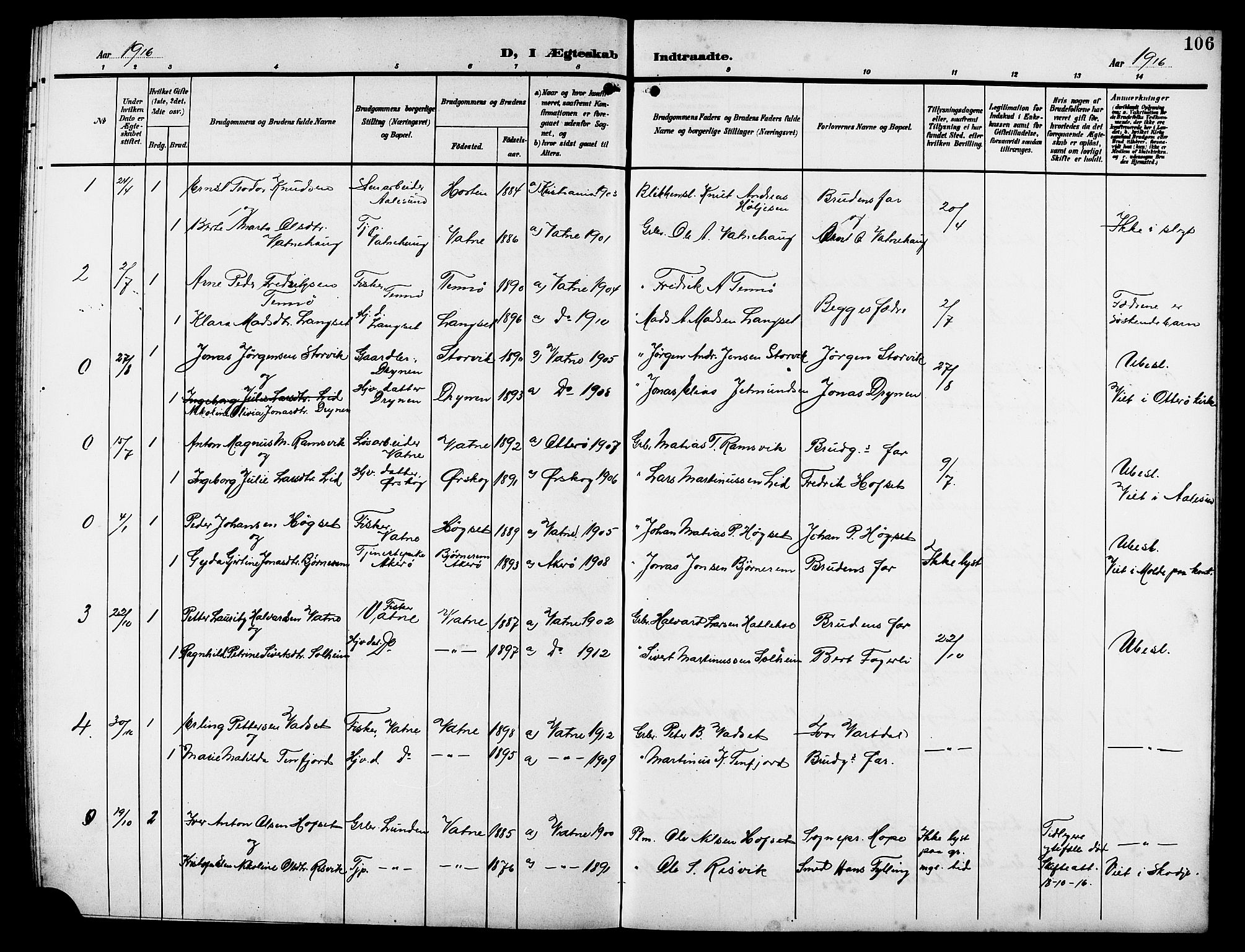 Ministerialprotokoller, klokkerbøker og fødselsregistre - Møre og Romsdal, AV/SAT-A-1454/525/L0377: Parish register (copy) no. 525C03, 1903-1917, p. 106