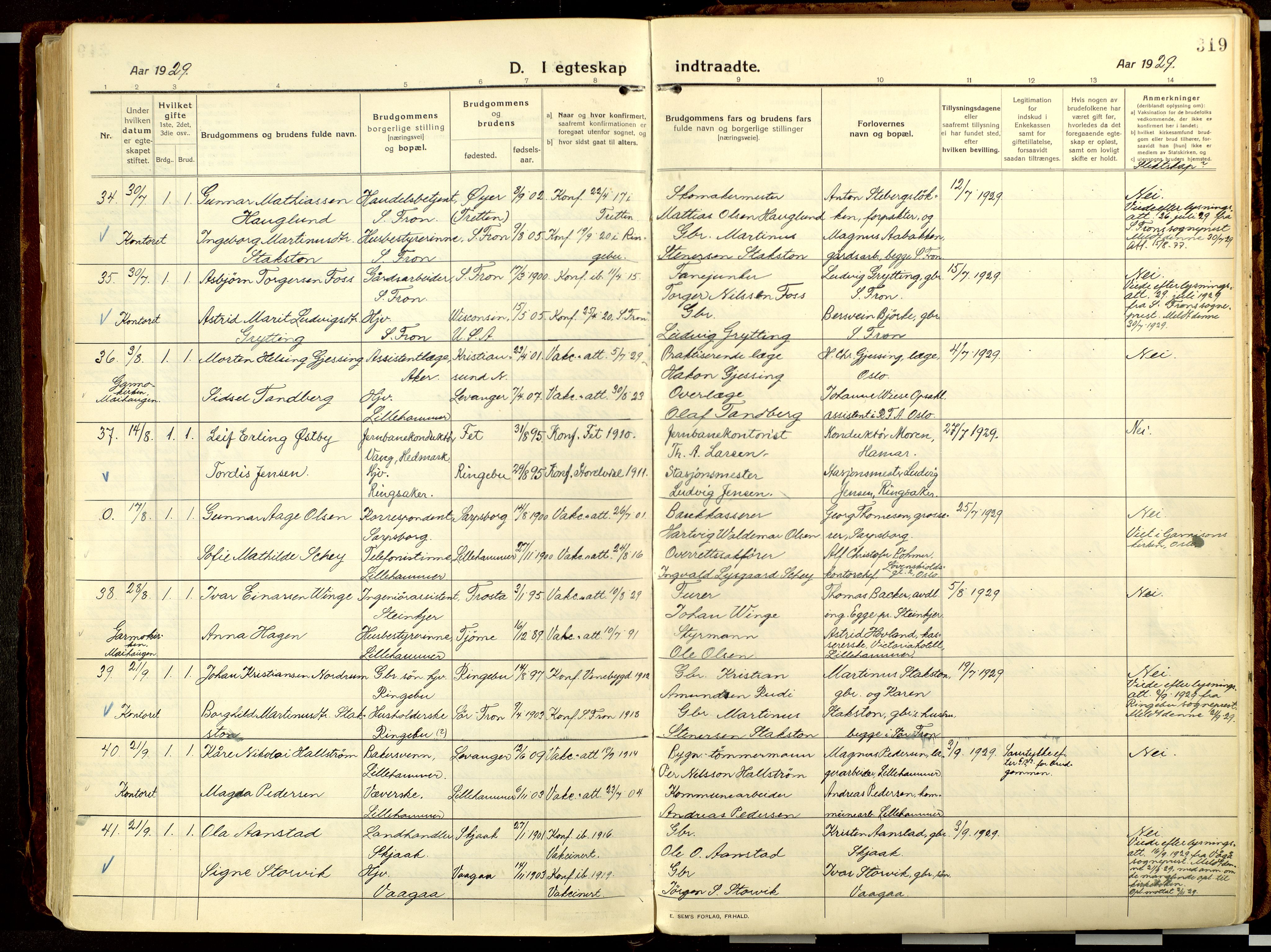 Lillehammer prestekontor, AV/SAH-PREST-088/H/Ha/Haa/L0002: Parish register (official) no. 2, 1917-1932, p. 319