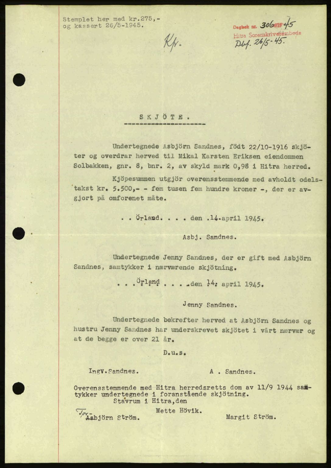 Hitra sorenskriveri, AV/SAT-A-0018/2/2C/2Ca: Mortgage book no. A2, 1943-1945, Diary no: : 306/1945