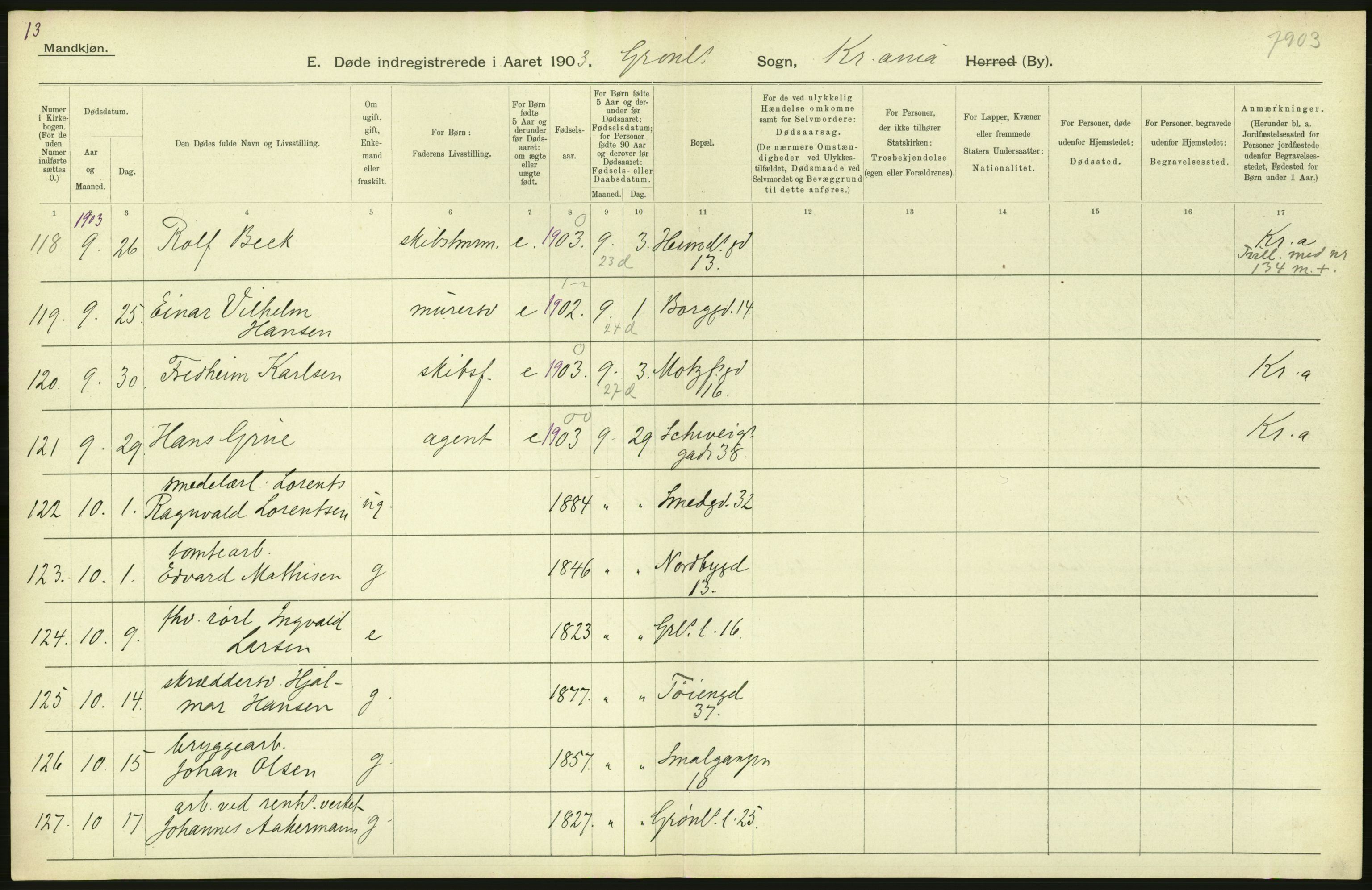 Statistisk sentralbyrå, Sosiodemografiske emner, Befolkning, AV/RA-S-2228/D/Df/Dfa/Dfaa/L0004: Kristiania: Gifte, døde, 1903, p. 402