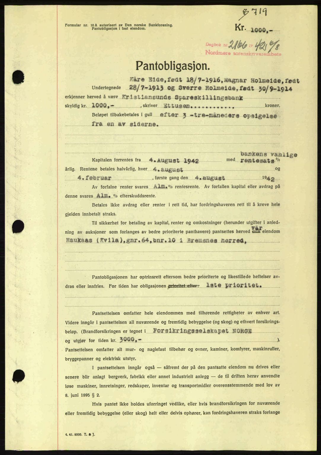 Nordmøre sorenskriveri, AV/SAT-A-4132/1/2/2Ca: Mortgage book no. B89, 1942-1942, Diary no: : 2166/1942