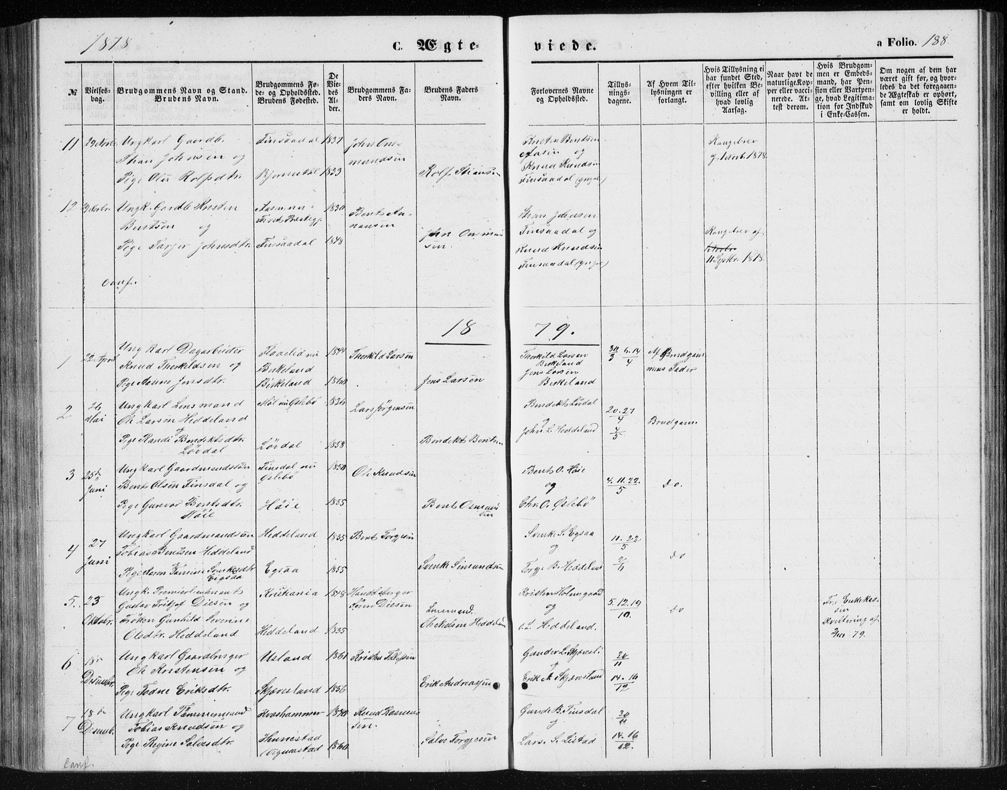 Holum sokneprestkontor, AV/SAK-1111-0022/F/Fb/Fbc/L0002: Parish register (copy) no. B 2, 1860-1882, p. 188