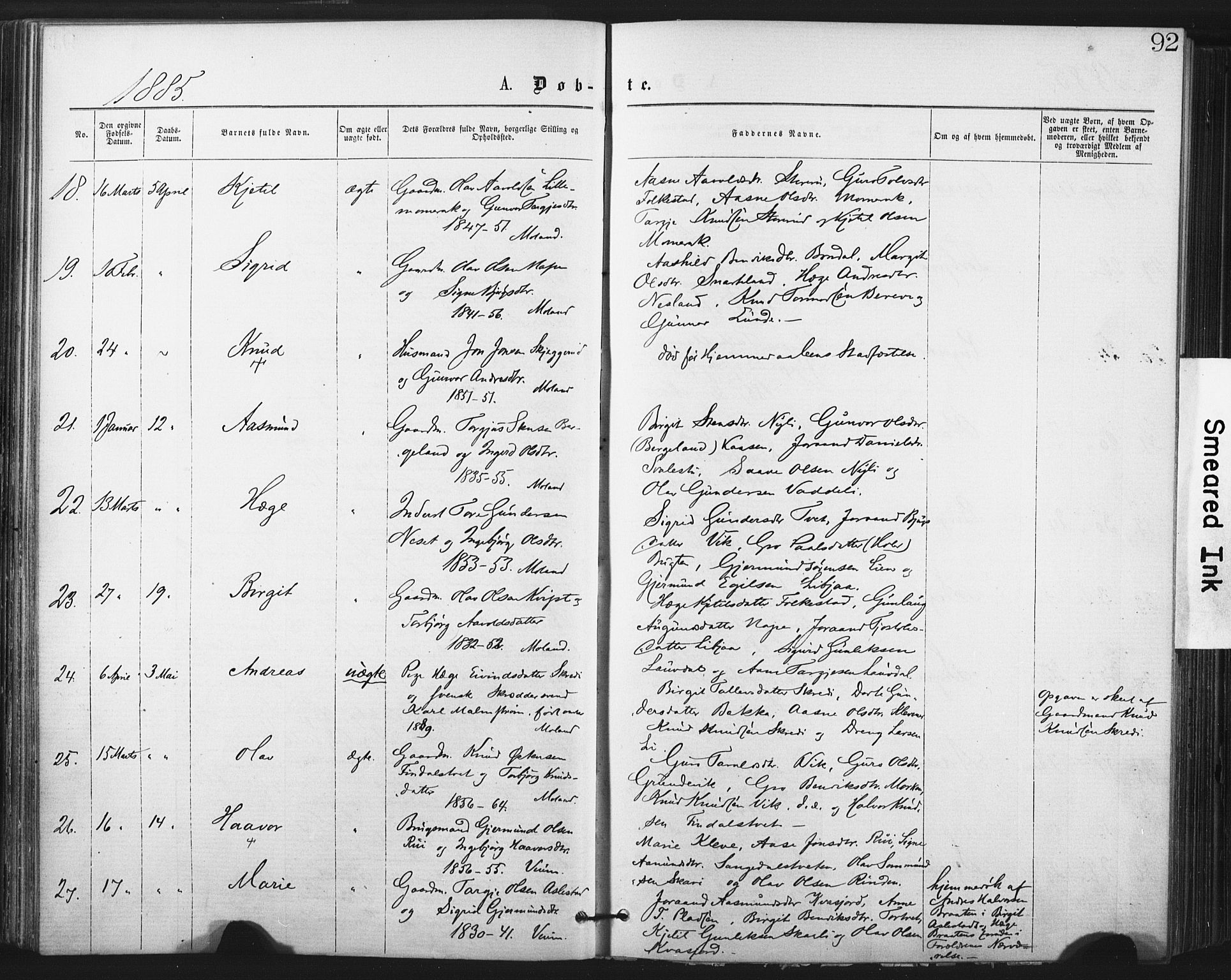 Fyresdal kirkebøker, AV/SAKO-A-263/F/Fa/L0006: Parish register (official) no. I 6, 1872-1886, p. 92