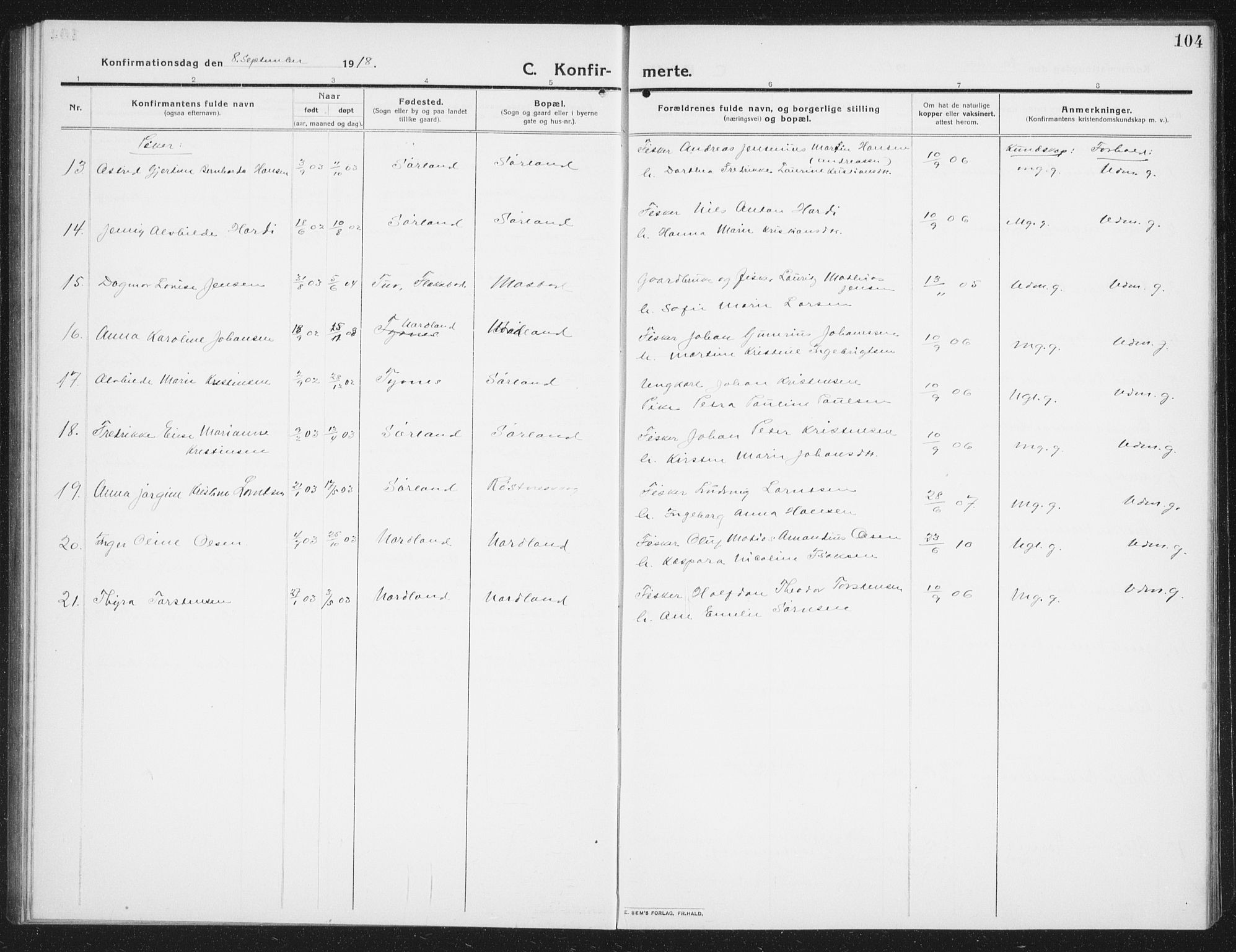 Ministerialprotokoller, klokkerbøker og fødselsregistre - Nordland, SAT/A-1459/807/L0124: Parish register (copy) no. 807C02, 1910-1935, p. 104