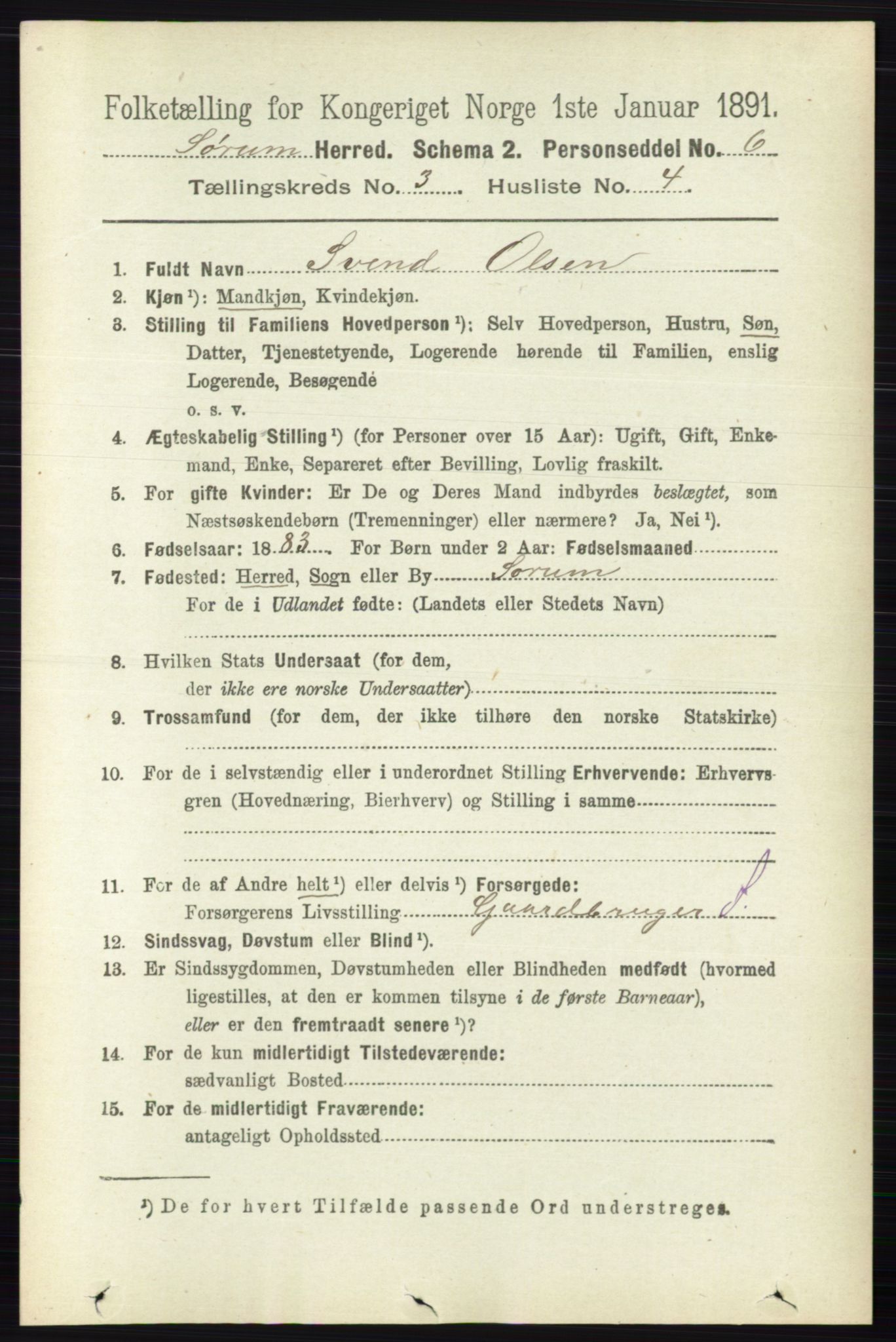 RA, 1891 census for 0226 Sørum, 1891, p. 1318