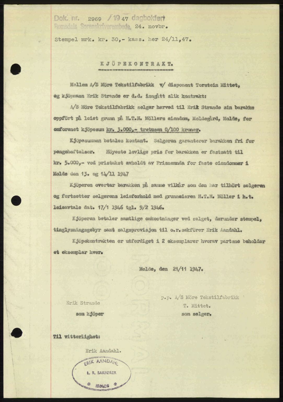Romsdal sorenskriveri, SAT/A-4149/1/2/2C: Mortgage book no. A24, 1947-1947, Diary no: : 2969/1947