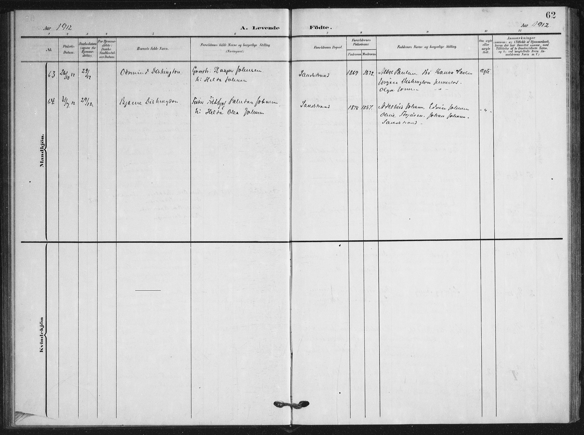 Ministerialprotokoller, klokkerbøker og fødselsregistre - Nordland, AV/SAT-A-1459/895/L1373: Parish register (official) no. 895A08, 1905-1915, p. 62