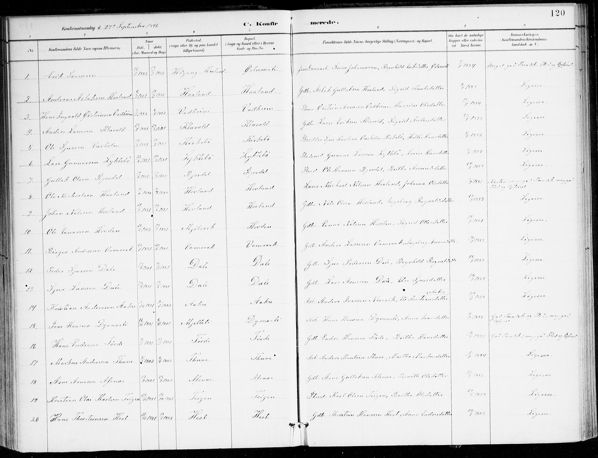 Lavik sokneprestembete, AV/SAB-A-80901: Parish register (official) no. C 1, 1882-1904, p. 120