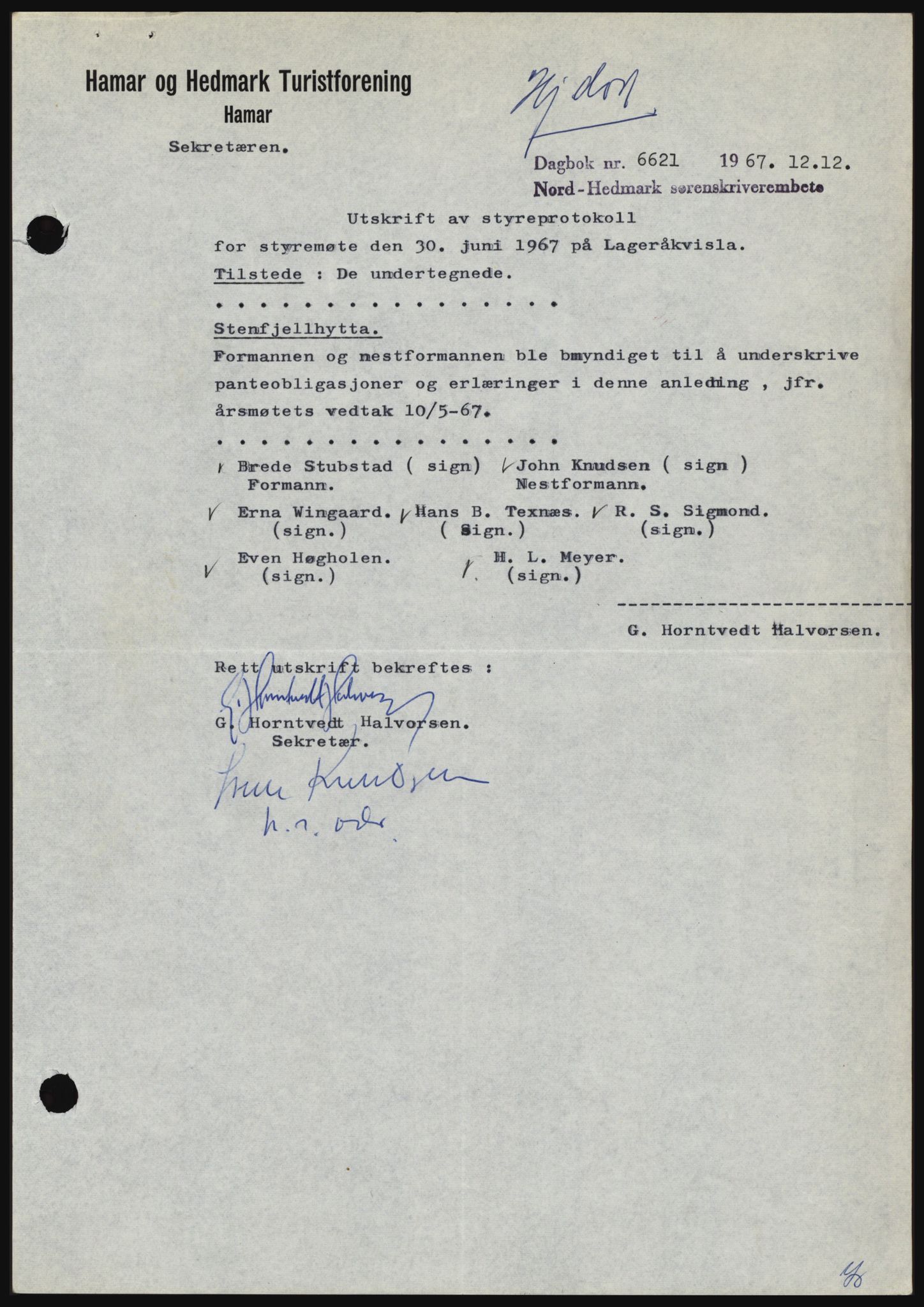 Nord-Hedmark sorenskriveri, SAH/TING-012/H/Hc/L0027: Mortgage book no. 27, 1967-1968, Diary no: : 6621/1967