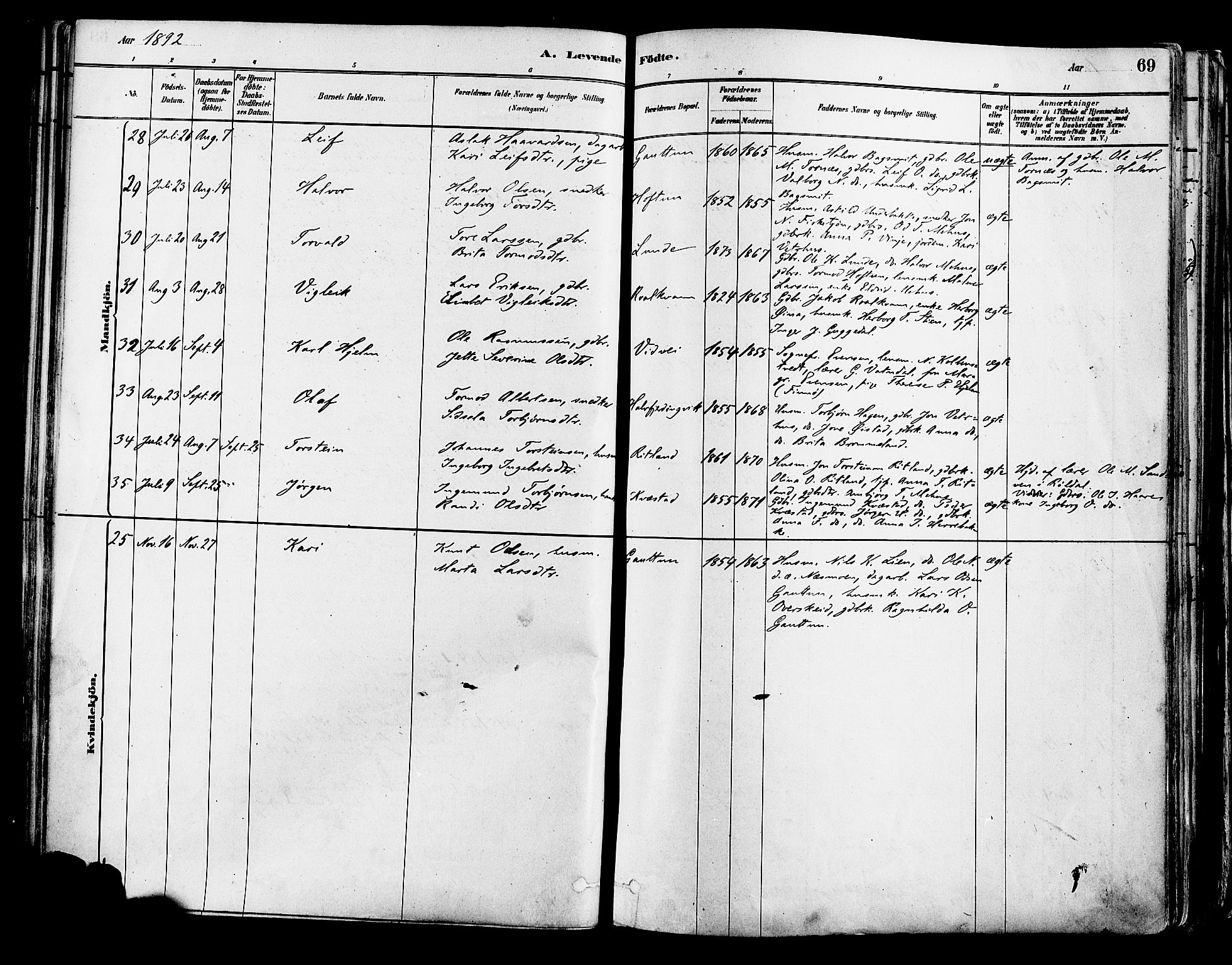 Suldal sokneprestkontor, AV/SAST-A-101845/01/IV/L0011: Parish register (official) no. A 11, 1878-1900, p. 69