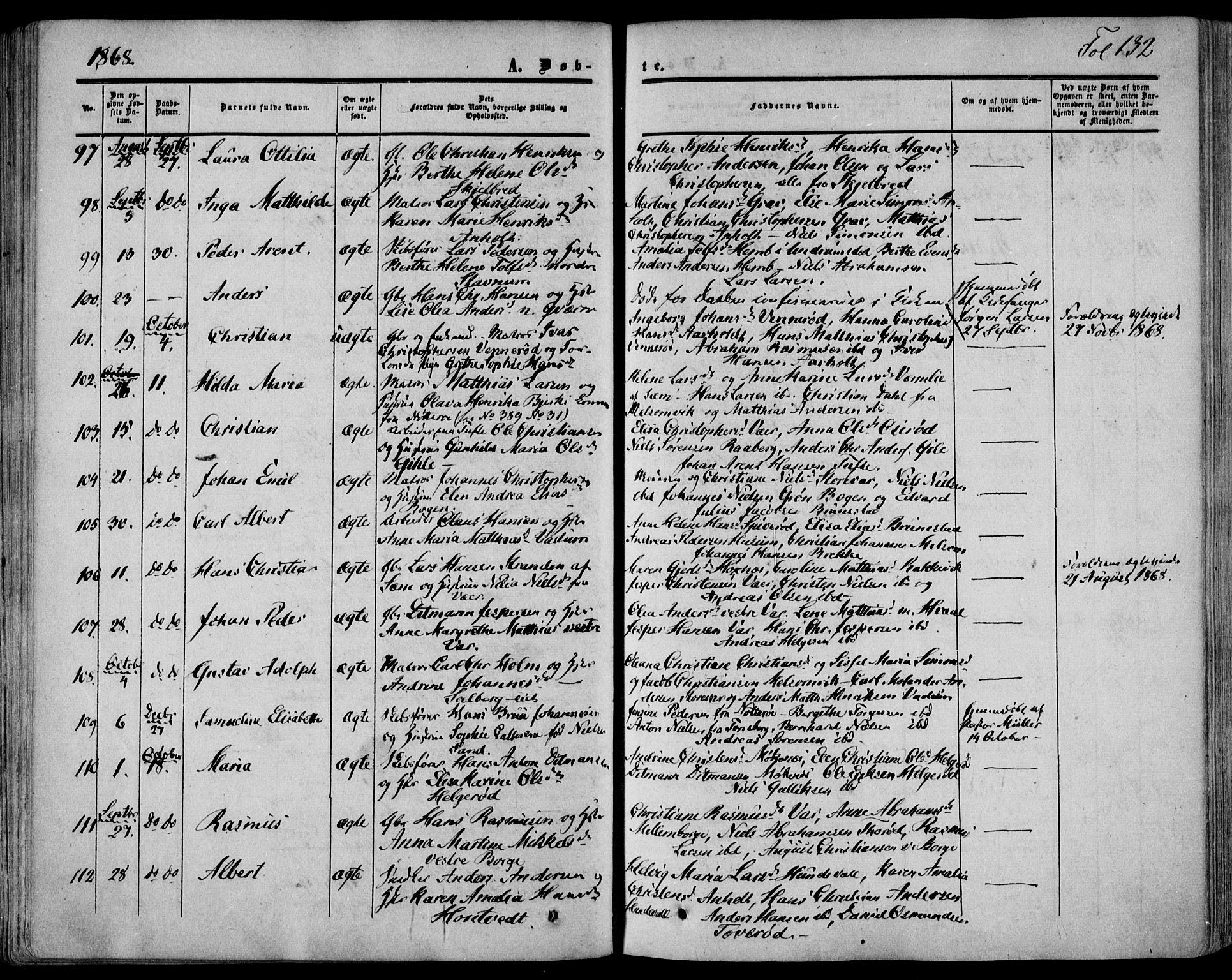 Stokke kirkebøker, AV/SAKO-A-320/F/Fa/L0008: Parish register (official) no. I 8, 1858-1871, p. 132