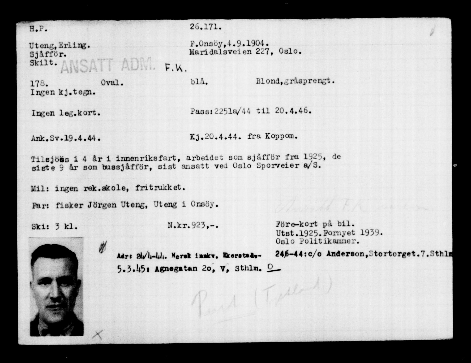 Utenriksstasjonene, Legasjonen i Stockholm, Flyktningkontoret, AV/RA-S-6753/V/Va/L0011: Kjesäterkartoteket, flyktninger med registreringsnr. 25300-28349, 1940-1945, p. 919