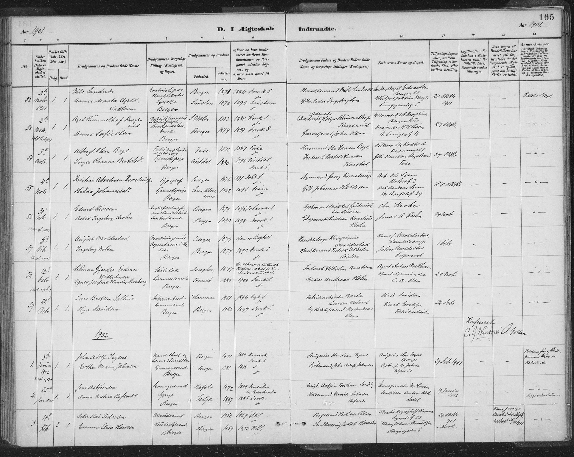 Domkirken sokneprestembete, SAB/A-74801/H/Hab/L0032: Parish register (copy) no. D 4, 1880-1907, p. 165