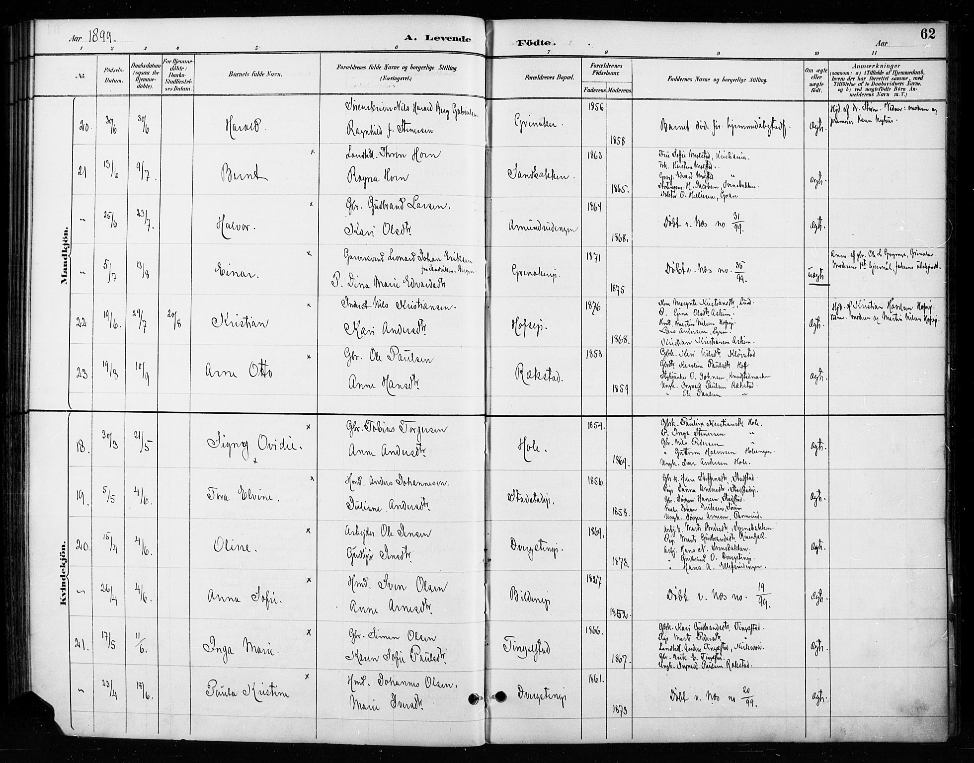 Gran prestekontor, AV/SAH-PREST-112/H/Ha/Haa/L0018: Parish register (official) no. 18, 1889-1899, p. 62