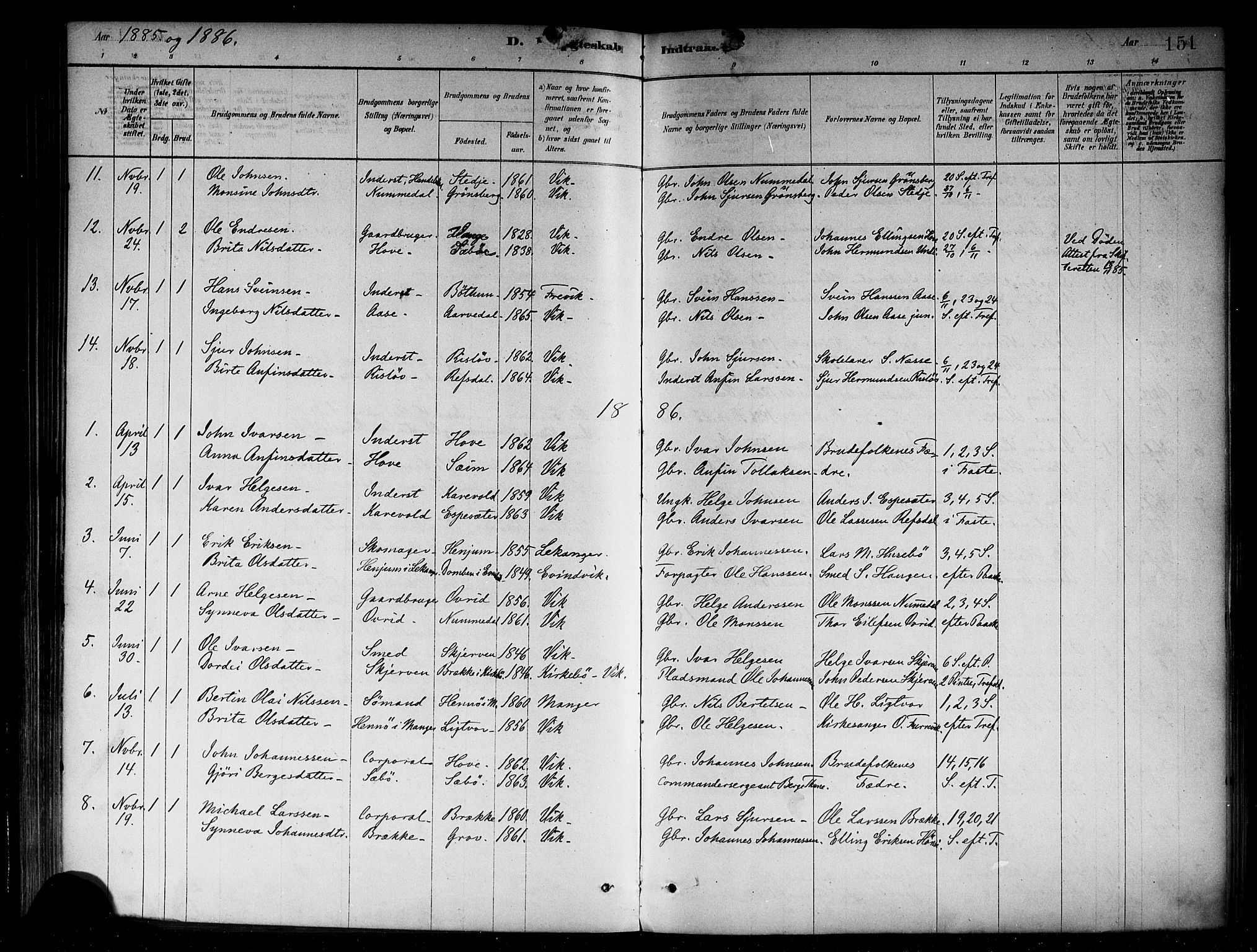 Vik sokneprestembete, AV/SAB-A-81501/H/Haa/Haab/L0001: Parish register (official) no. B 1, 1878-1890, p. 151