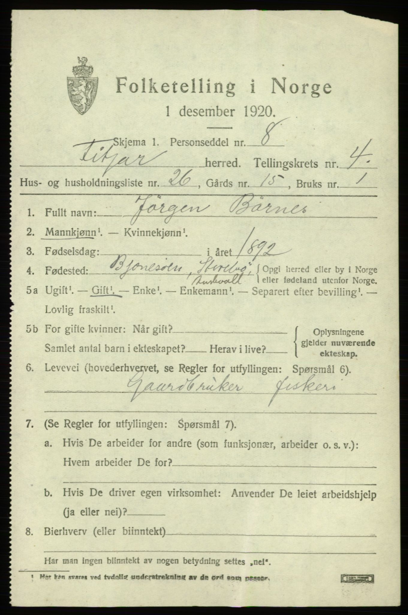 SAB, 1920 census for Fitjar, 1920, p. 2518