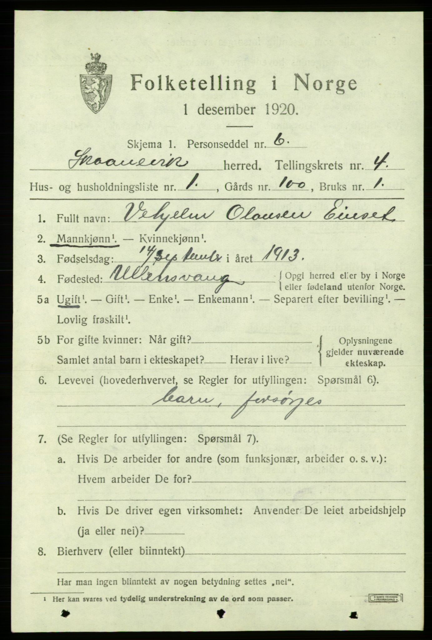 SAB, 1920 census for Skånevik, 1920, p. 3315