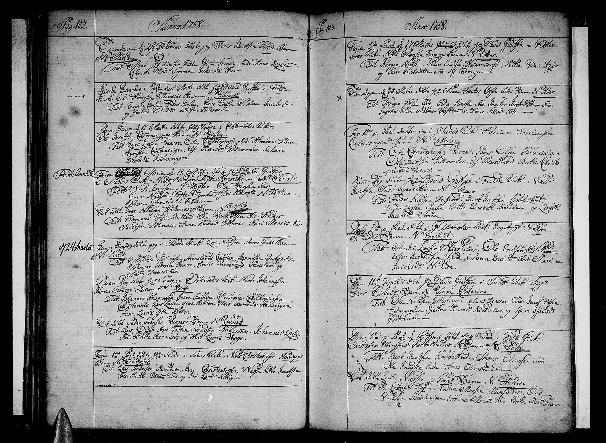 Sund sokneprestembete, SAB/A-99930: Parish register (official) no. A 4, 1748-1769, p. 102-103