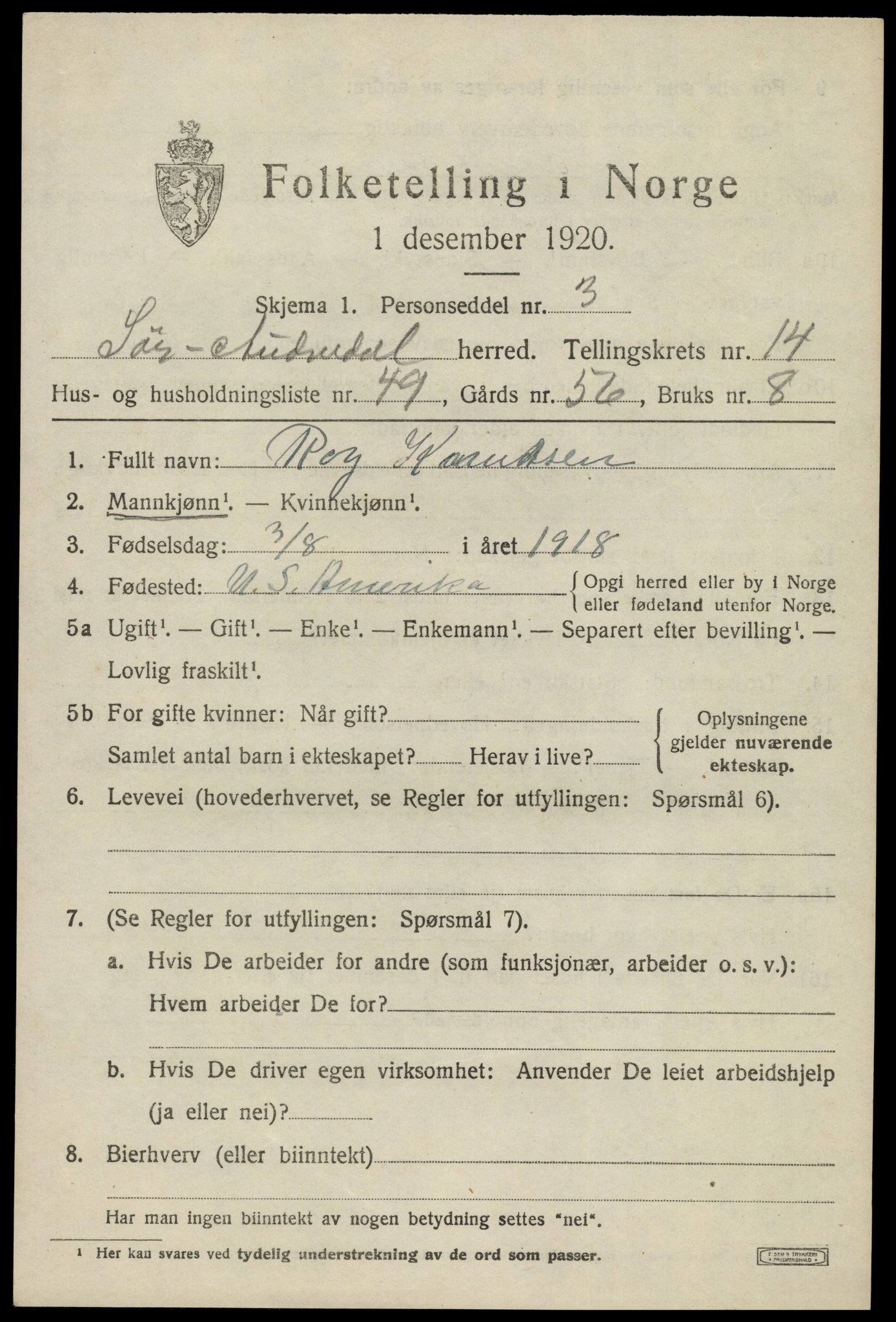 SAK, 1920 census for Sør-Audnedal, 1920, p. 5635
