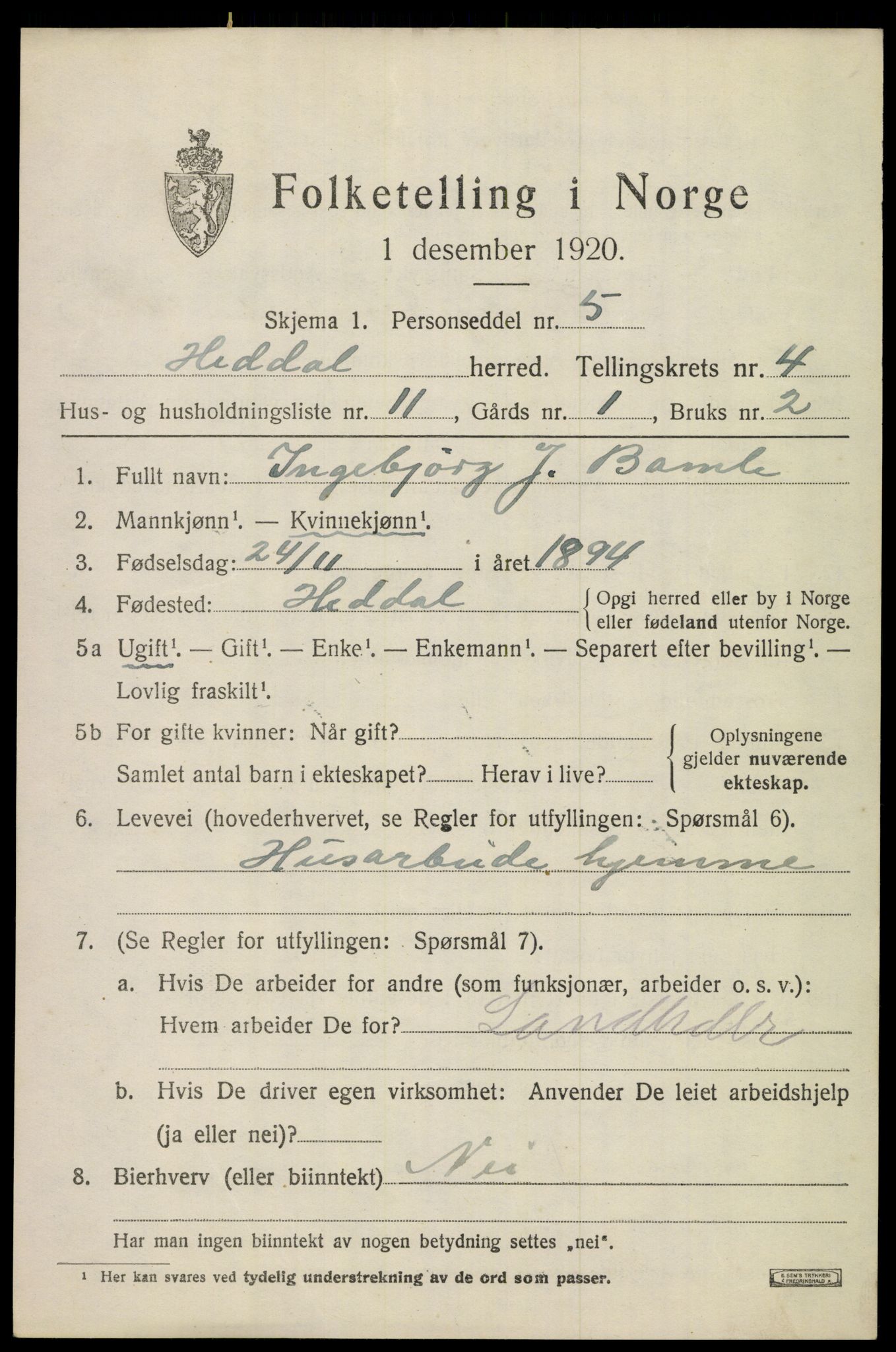 SAKO, 1920 census for Heddal, 1920, p. 4558