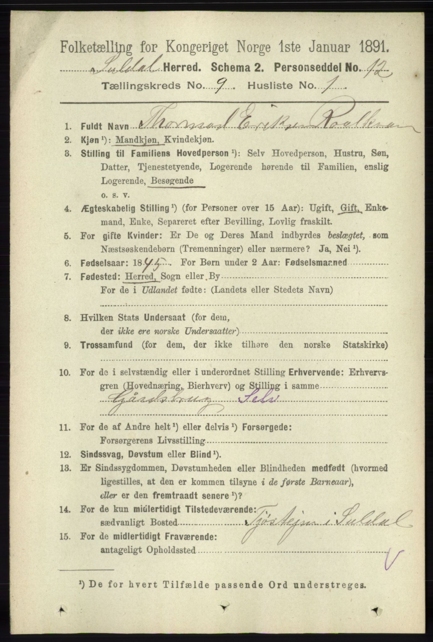 RA, 1891 census for 1134 Suldal, 1891, p. 2667