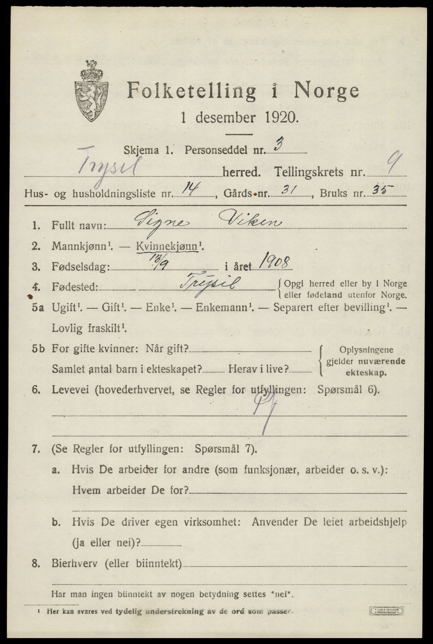 SAH, 1920 census for Trysil, 1920, p. 6693