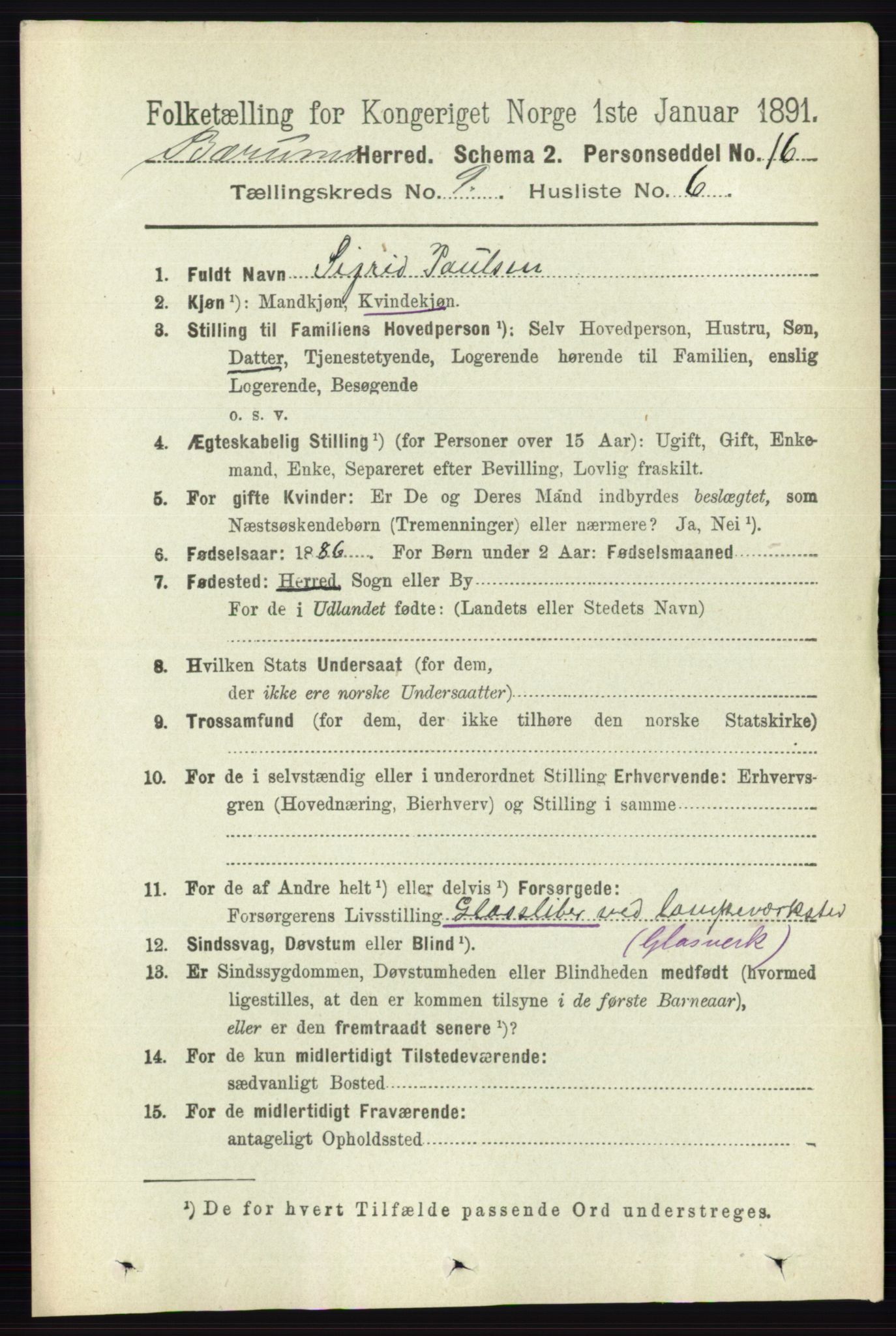 RA, 1891 census for 0219 Bærum, 1891, p. 5189