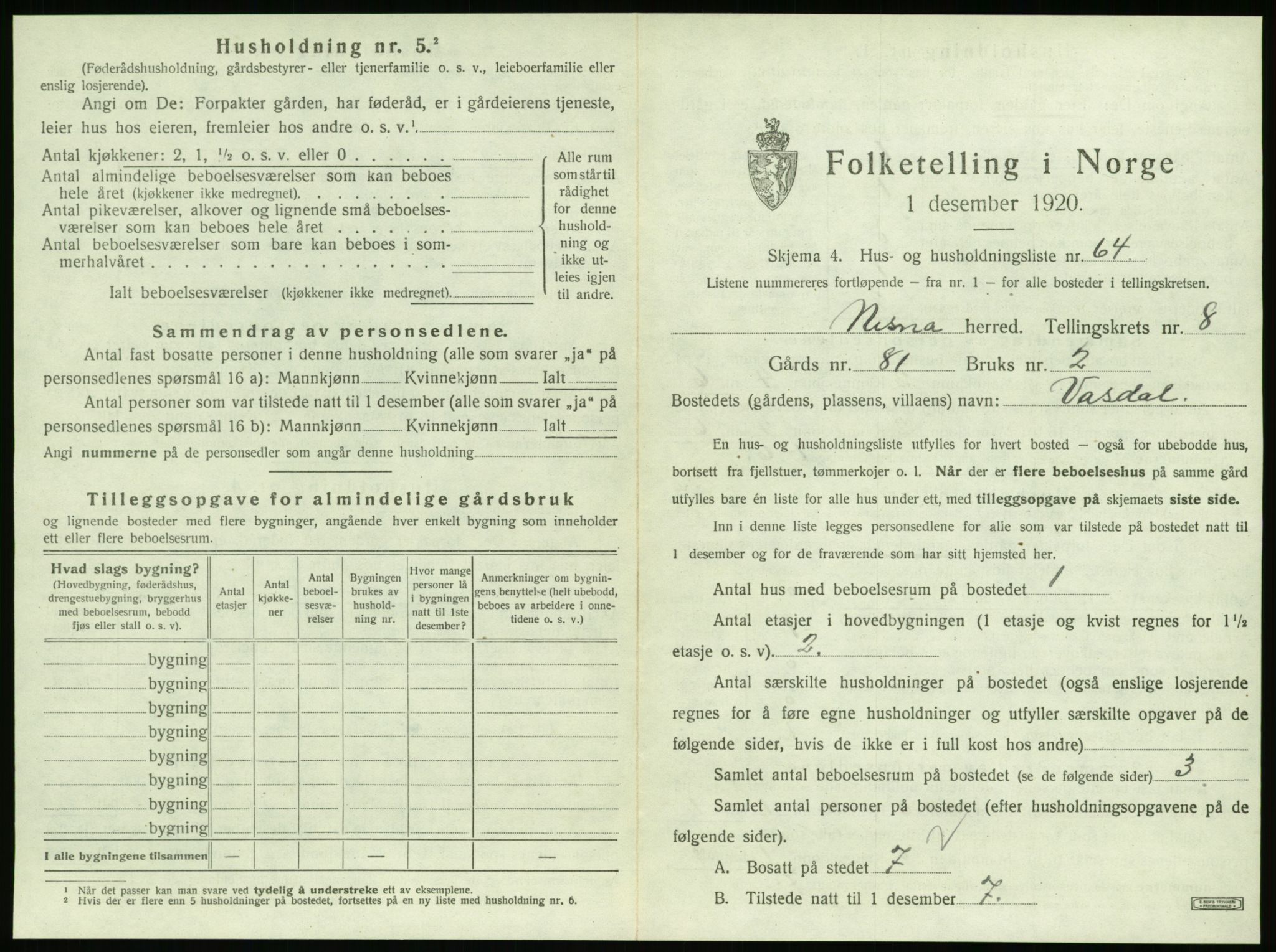 SAT, 1920 census for Nesna, 1920, p. 1057