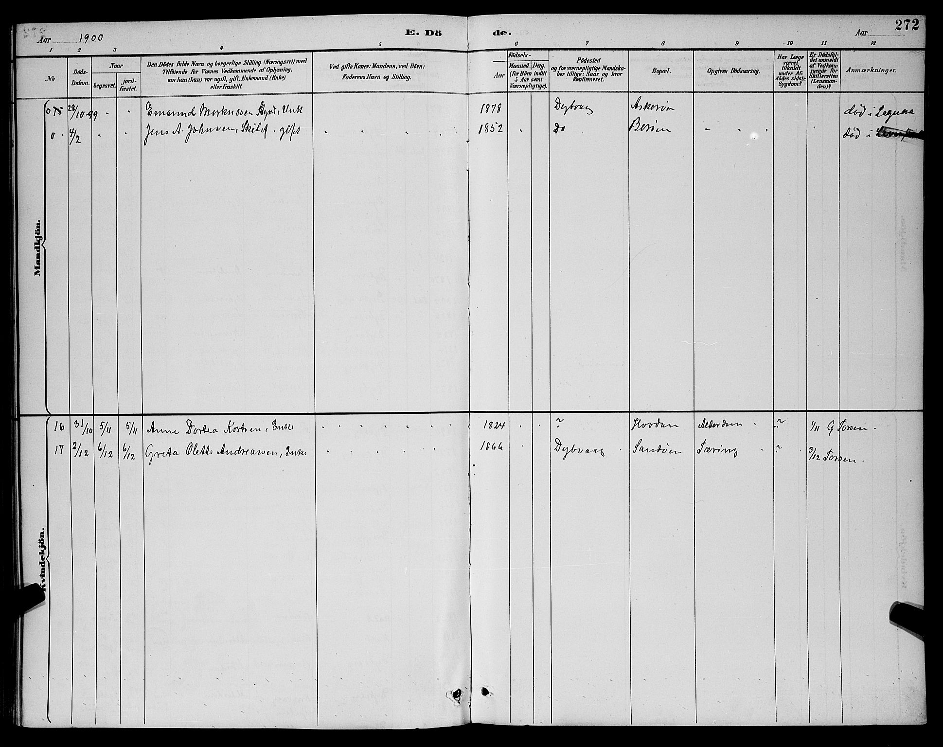 Dypvåg sokneprestkontor, SAK/1111-0007/F/Fb/Fba/L0013: Parish register (copy) no. B 13, 1887-1900, p. 272
