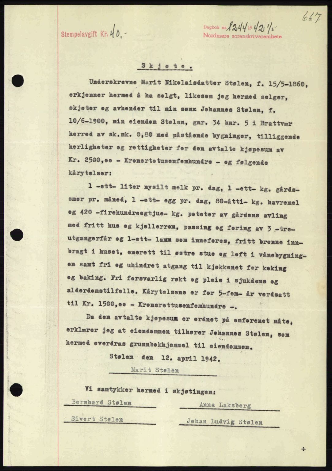 Nordmøre sorenskriveri, AV/SAT-A-4132/1/2/2Ca: Mortgage book no. A92, 1942-1942, Diary no: : 1244/1942