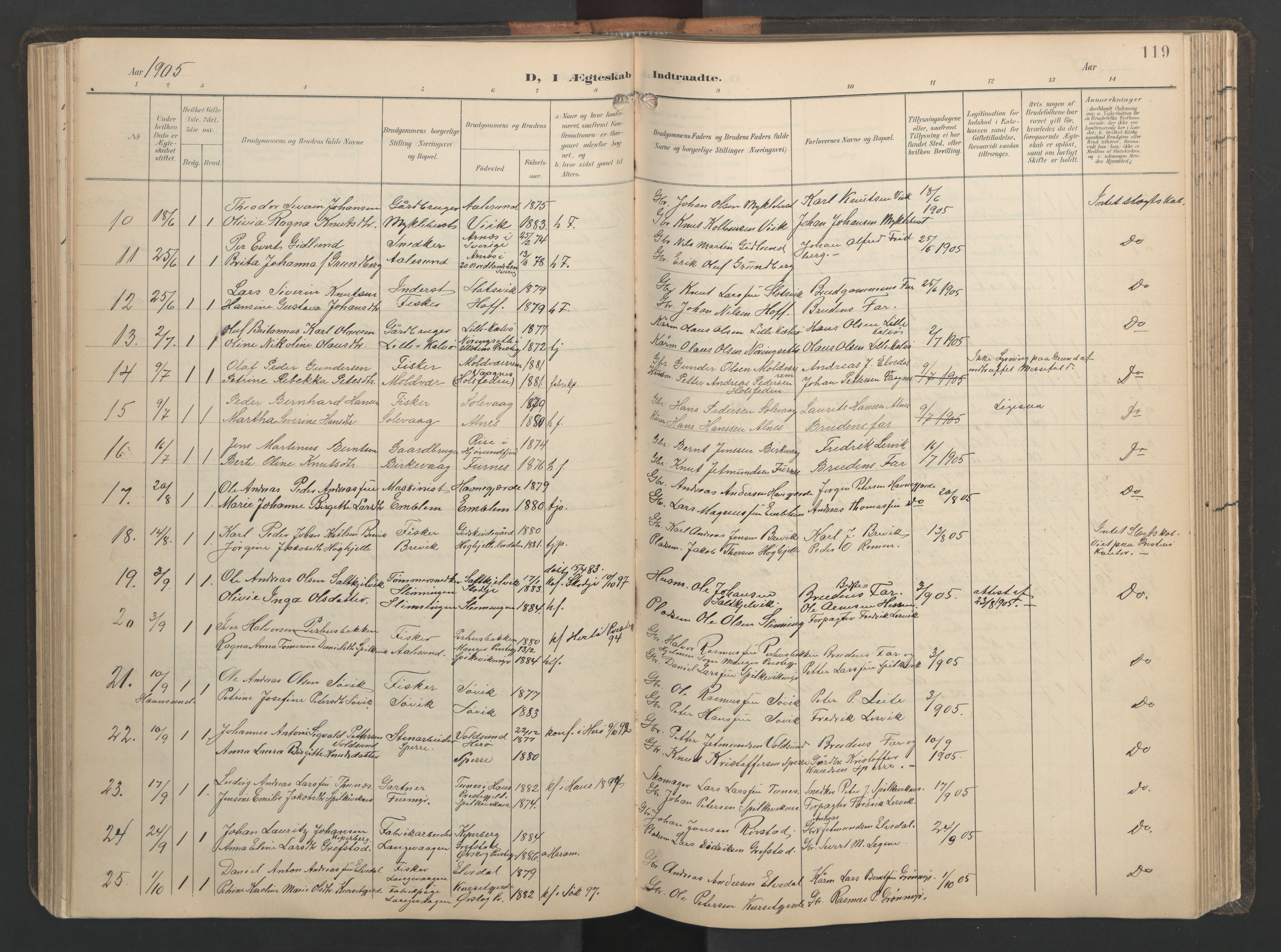 Ministerialprotokoller, klokkerbøker og fødselsregistre - Møre og Romsdal, AV/SAT-A-1454/528/L0433: Parish register (copy) no. 528C14, 1899-1922, p. 119