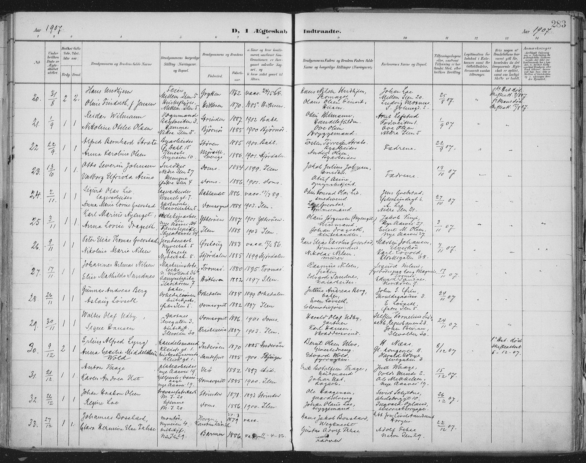 Ministerialprotokoller, klokkerbøker og fødselsregistre - Sør-Trøndelag, SAT/A-1456/603/L0167: Parish register (official) no. 603A06, 1896-1932, p. 283