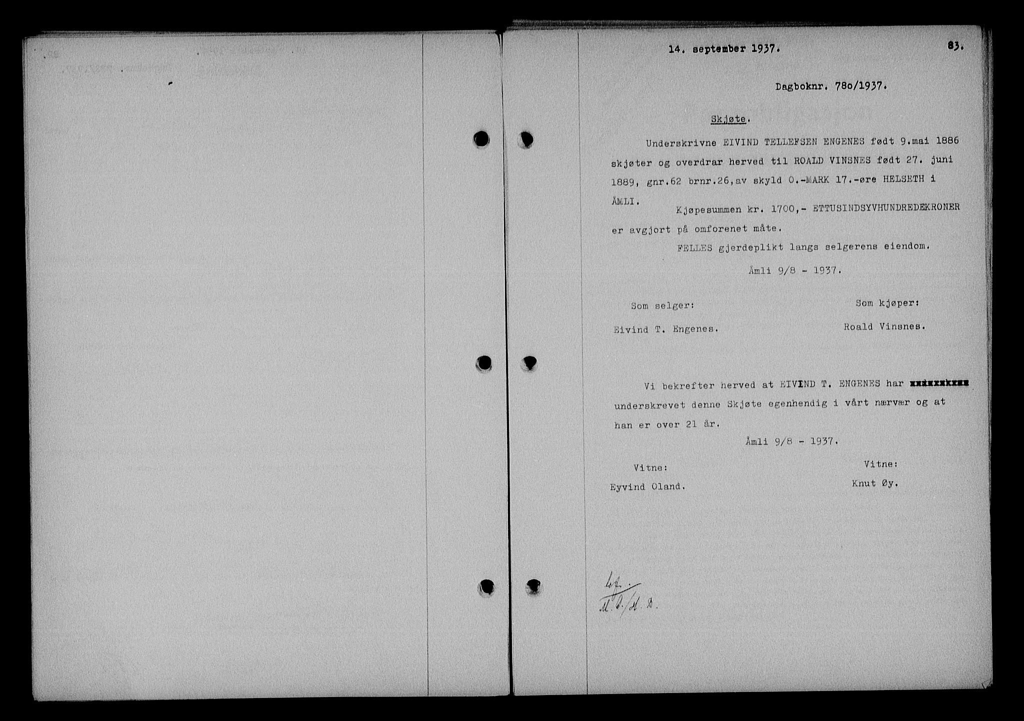 Nedenes sorenskriveri, SAK/1221-0006/G/Gb/Gba/L0044: Mortgage book no. 40, 1937-1938, Diary no: : 780/1937