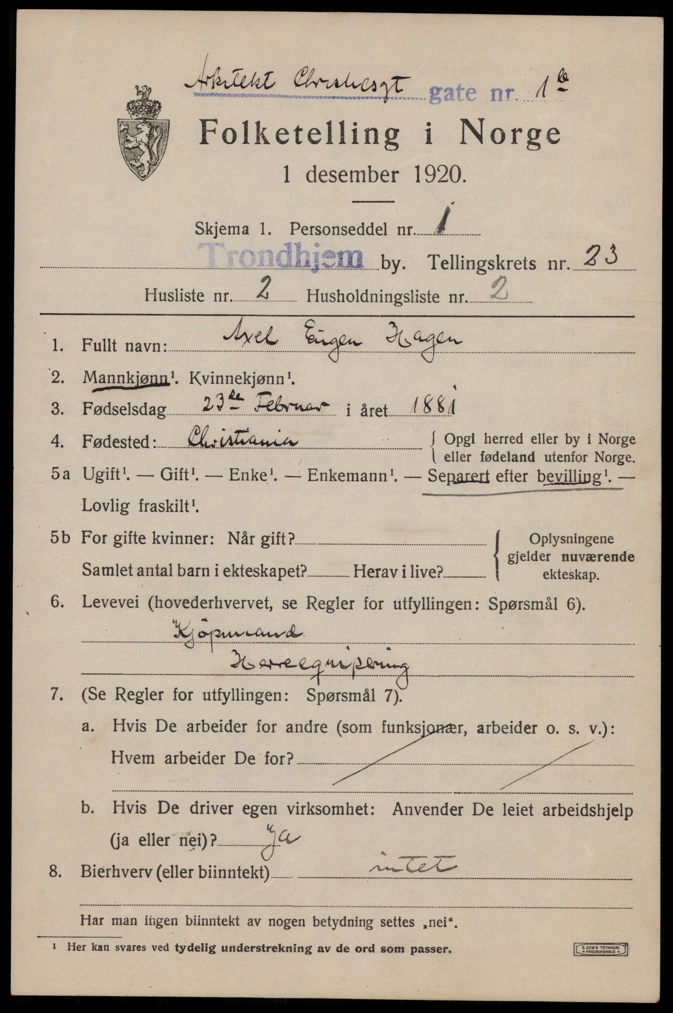 SAT, 1920 census for Trondheim, 1920, p. 63960