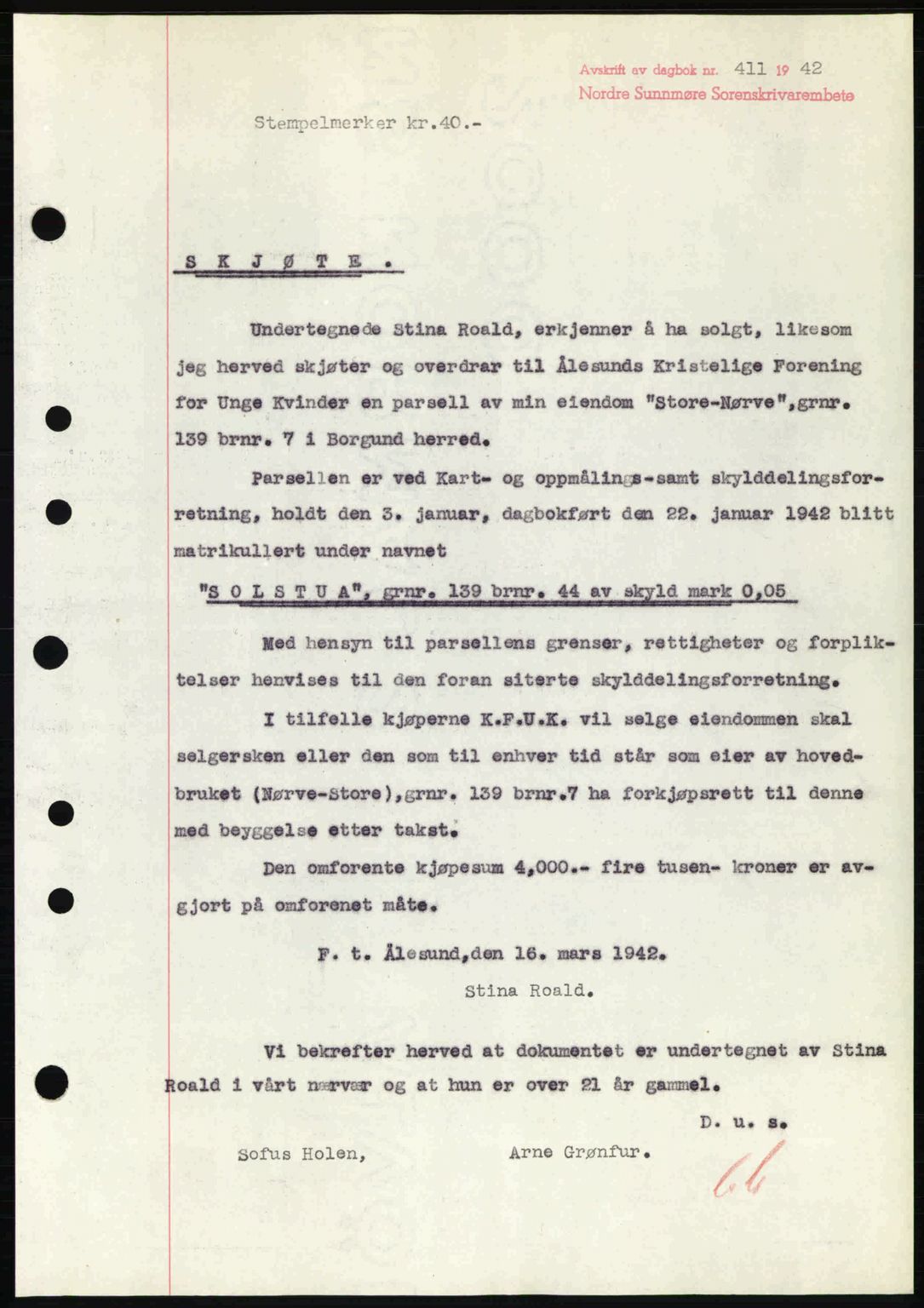 Nordre Sunnmøre sorenskriveri, AV/SAT-A-0006/1/2/2C/2Ca: Mortgage book no. A13, 1942-1942, Diary no: : 411/1942