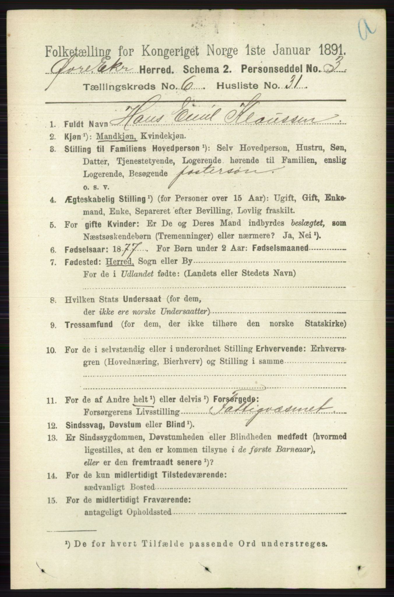 RA, 1891 census for 0624 Øvre Eiker, 1891, p. 2399