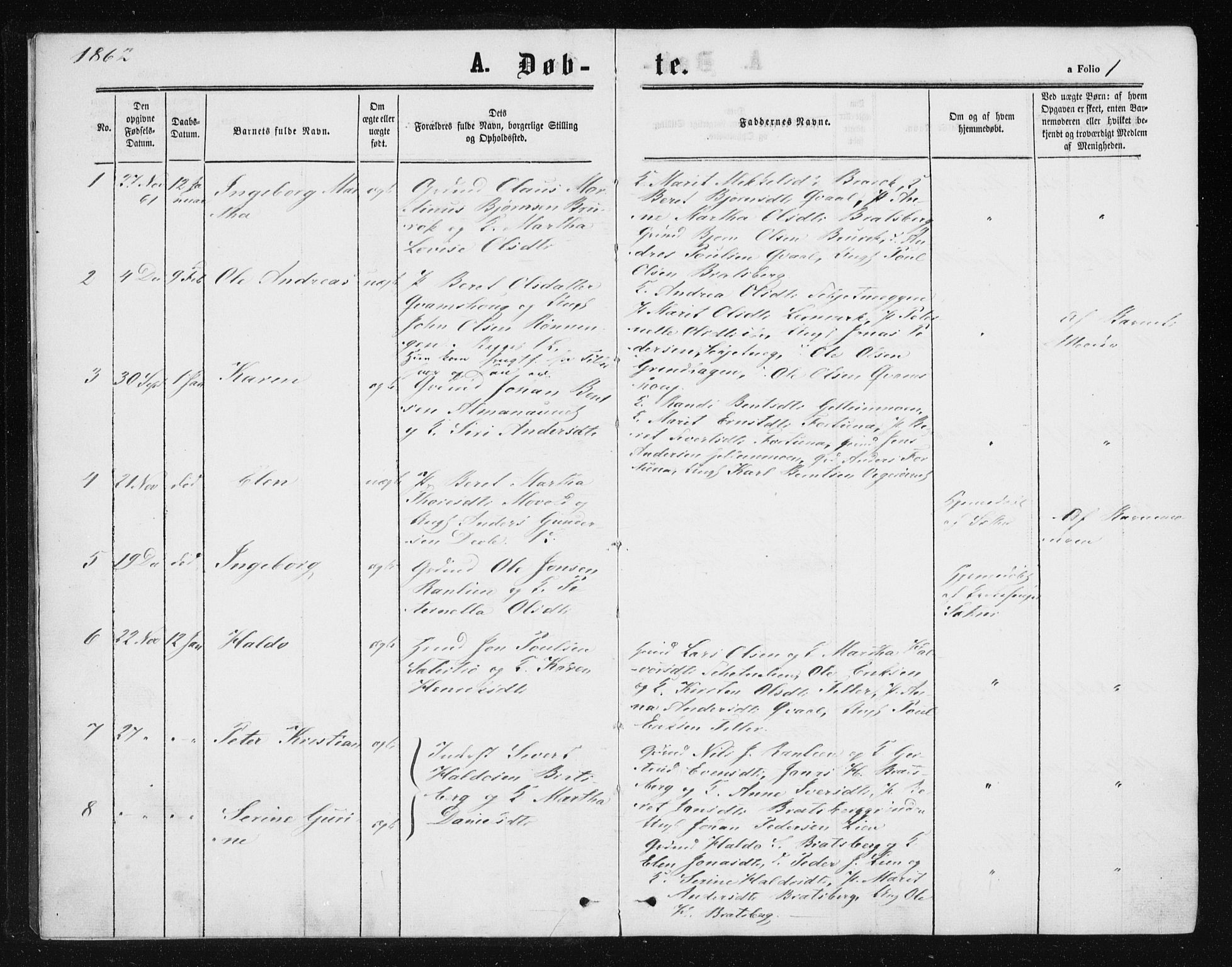Ministerialprotokoller, klokkerbøker og fødselsregistre - Sør-Trøndelag, SAT/A-1456/608/L0333: Parish register (official) no. 608A02, 1862-1876, p. 1