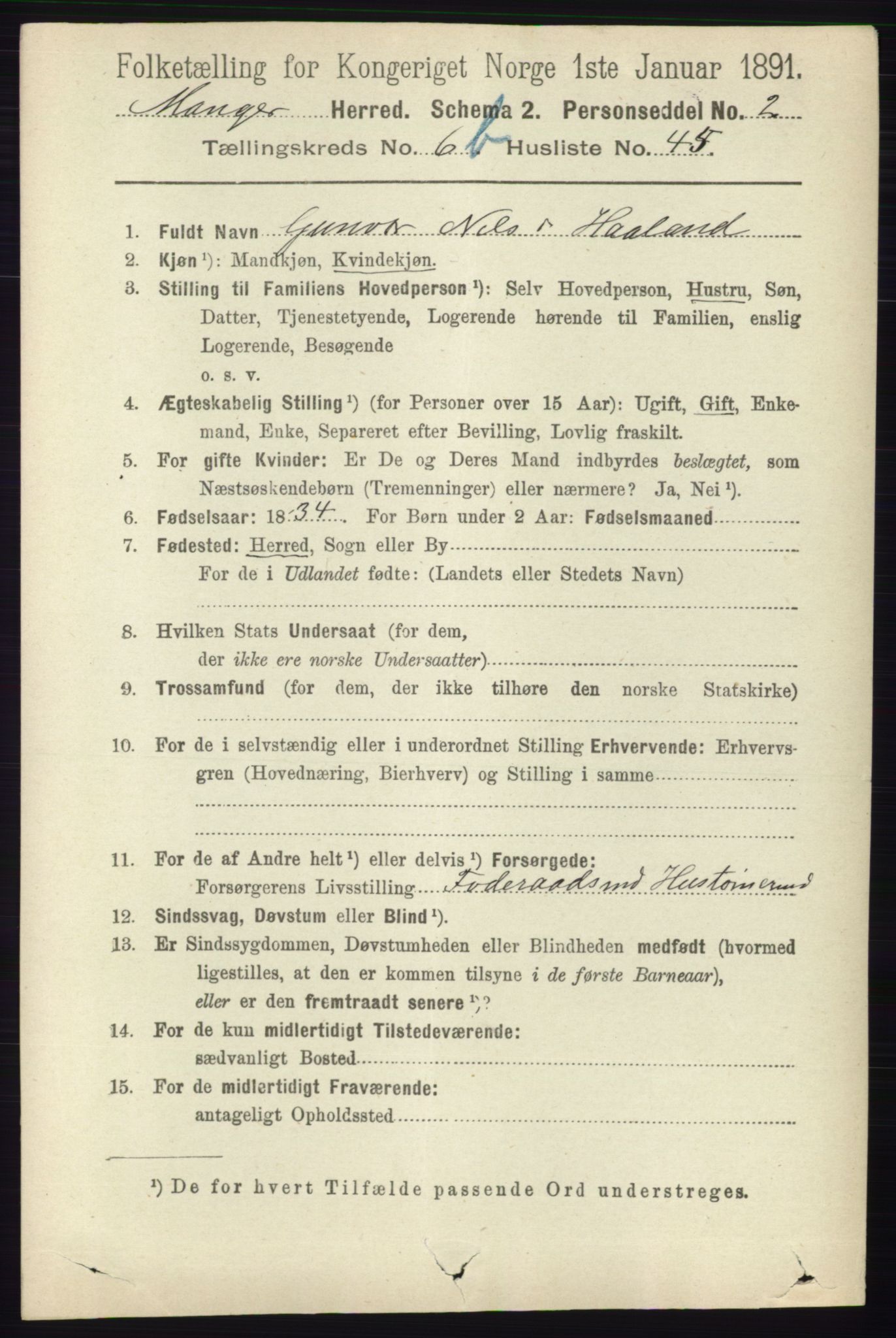 RA, 1891 census for 1261 Manger, 1891, p. 4244