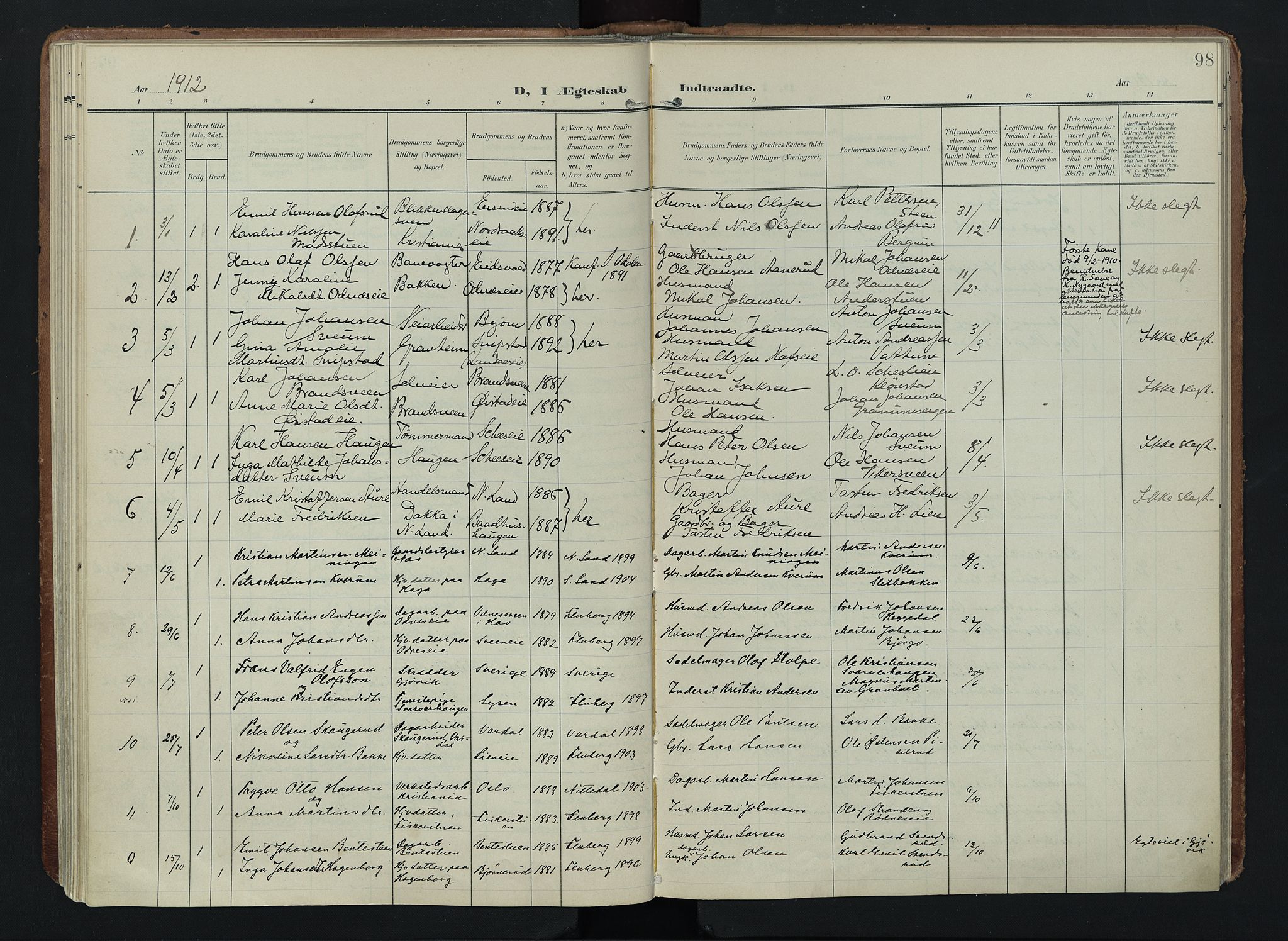 Søndre Land prestekontor, SAH/PREST-122/K/L0005: Parish register (official) no. 5, 1905-1914, p. 98