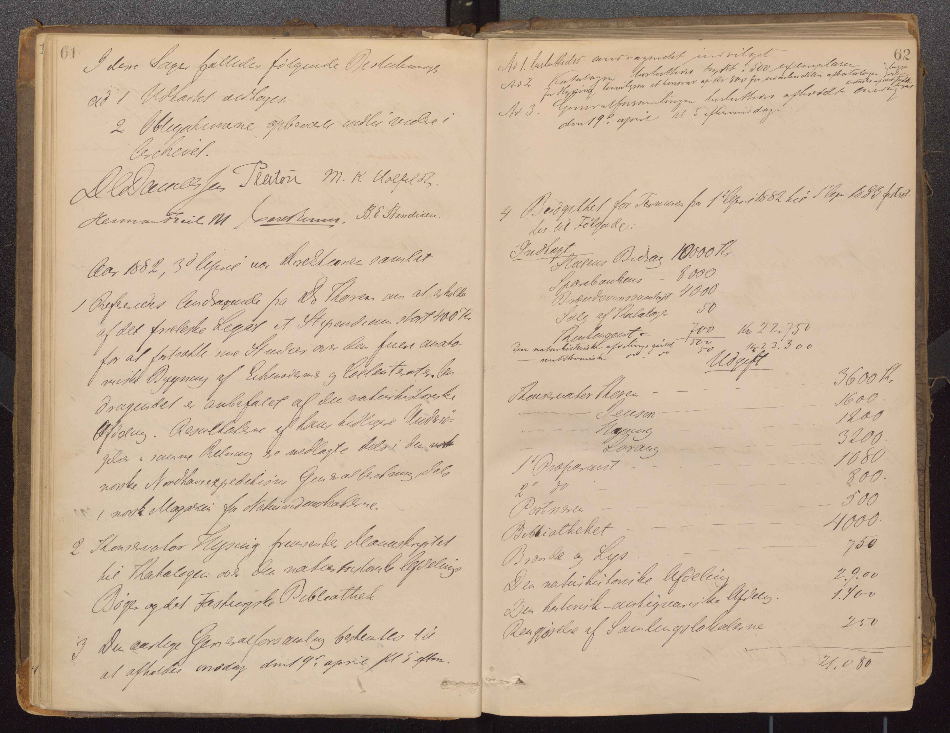 Bergens Museum, UMB/A007/A/Aa/L0007: Forhandlingsprotokoll , 1872-1906, p. 61,62