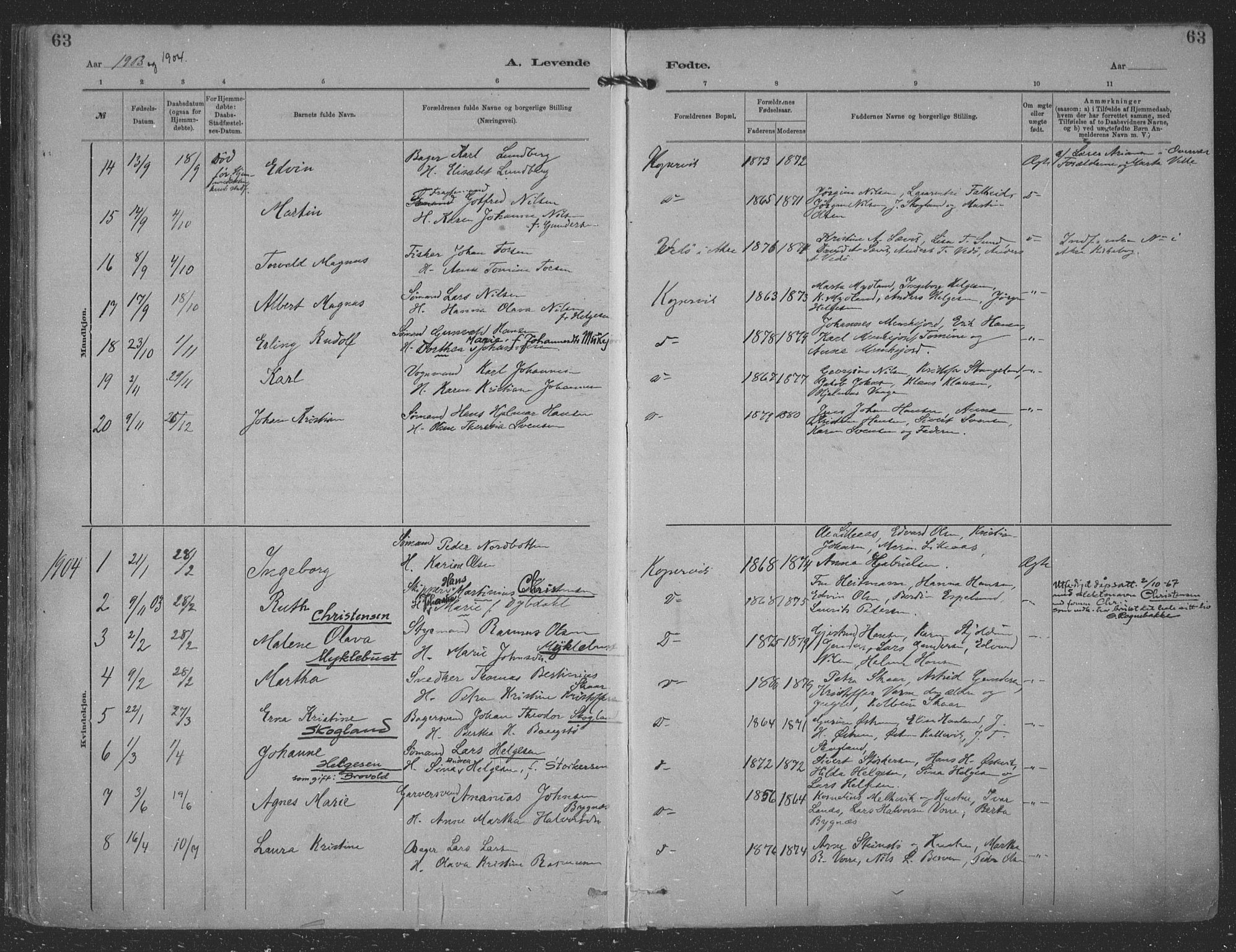 Kopervik sokneprestkontor, SAST/A-101850/H/Ha/Haa/L0001: Parish register (official) no. A 1, 1880-1919, p. 63