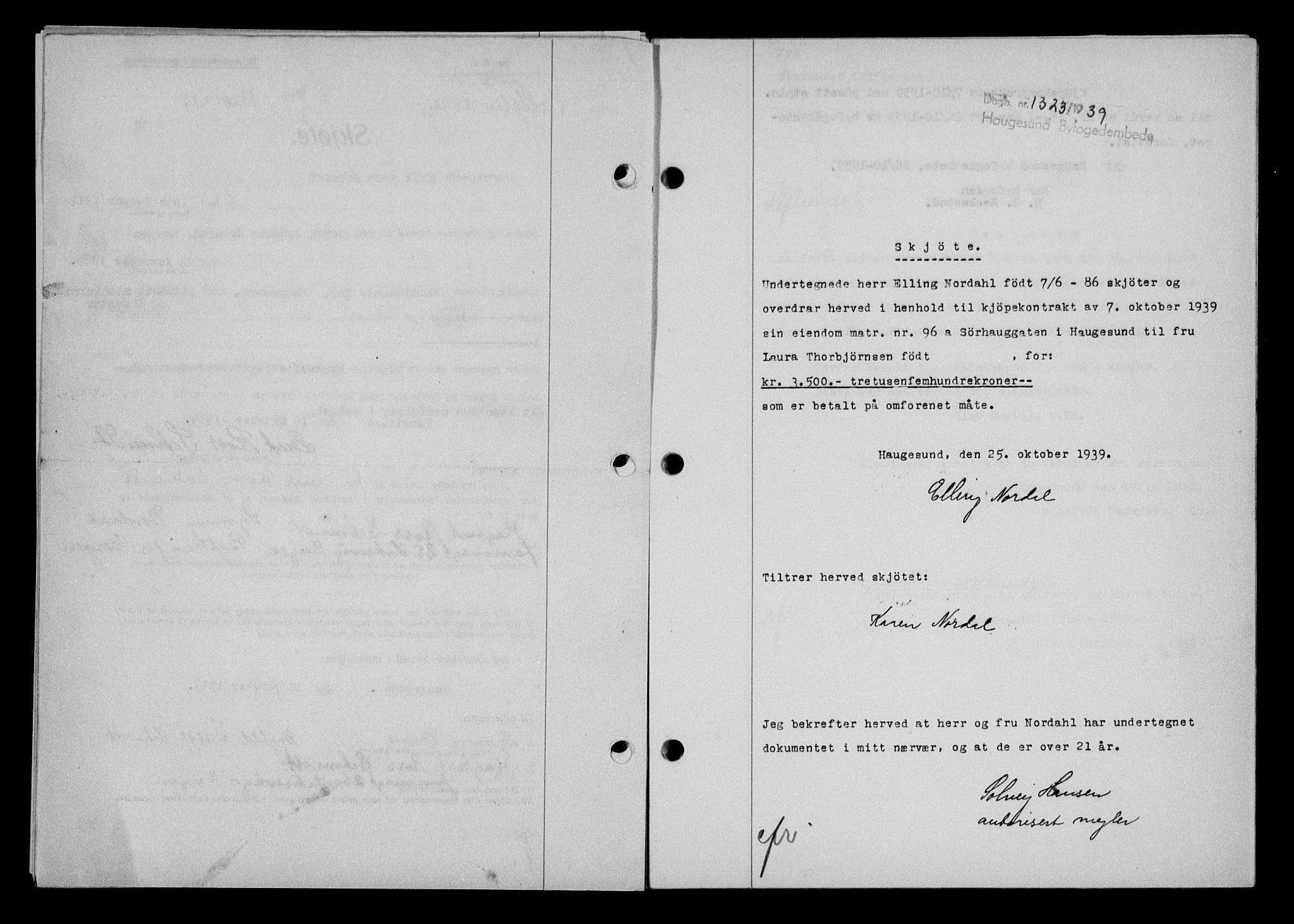 Haugesund tingrett, AV/SAST-A-101415/01/II/IIC/L0061: Mortgage book no. A 2, 1939-1942, Diary no: : 1323/1939