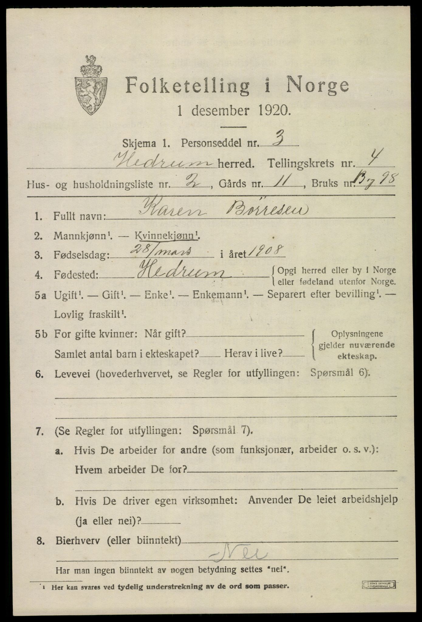 SAKO, 1920 census for Hedrum, 1920, p. 4019