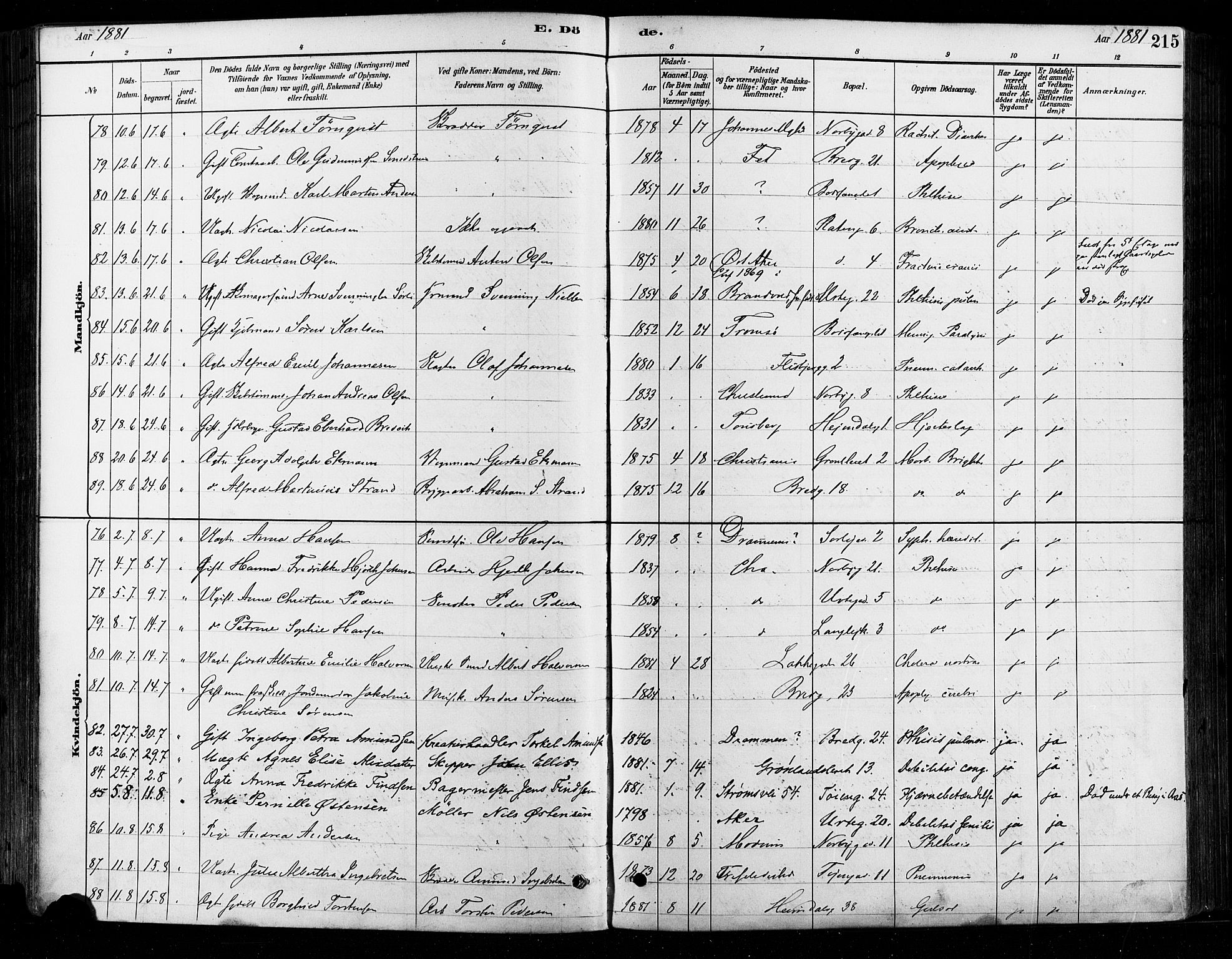 Grønland prestekontor Kirkebøker, AV/SAO-A-10848/F/Fa/L0008: Parish register (official) no. 8, 1881-1893, p. 215