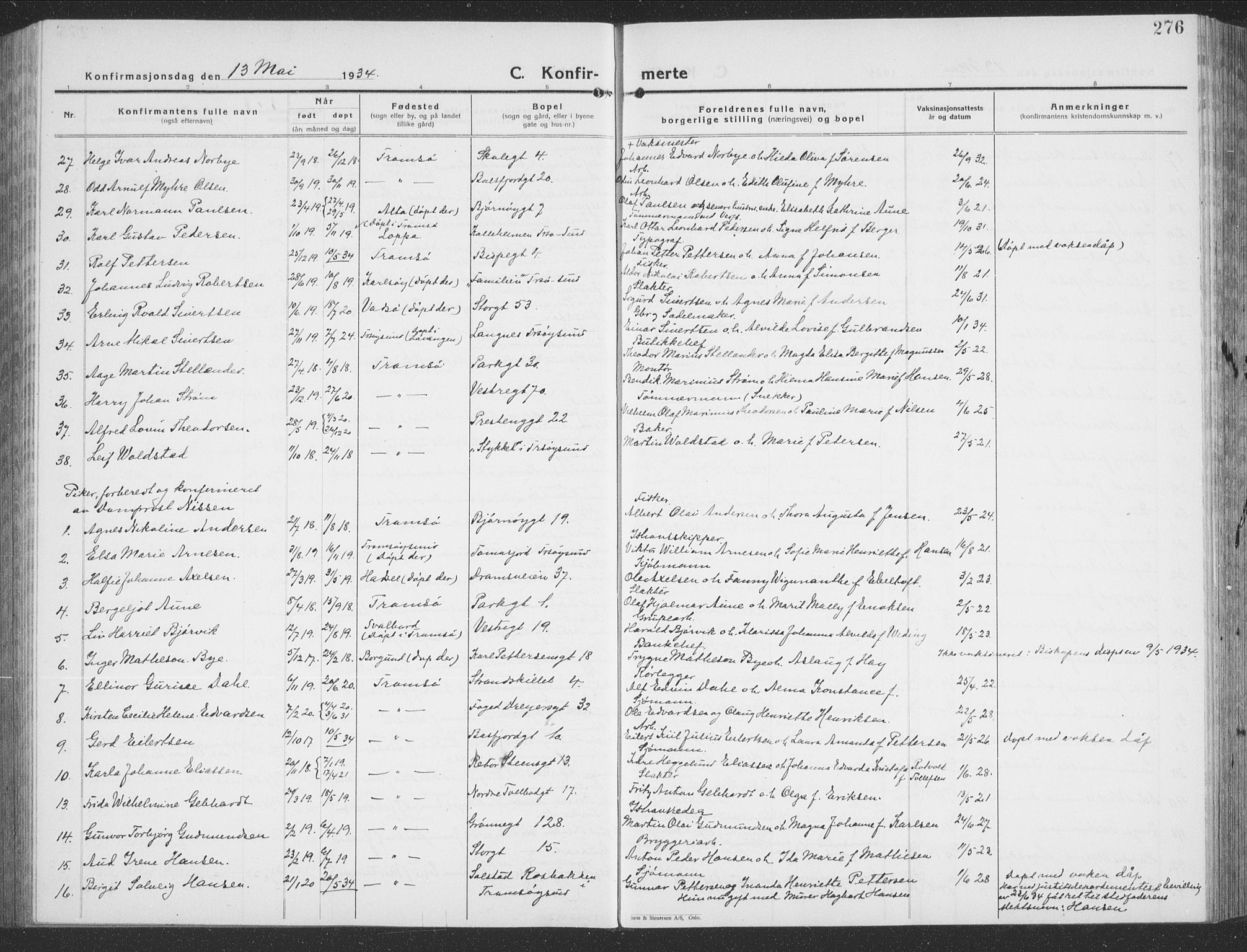 Tromsø sokneprestkontor/stiftsprosti/domprosti, SATØ/S-1343/G/Gb/L0010klokker: Parish register (copy) no. 10, 1925-1937, p. 276